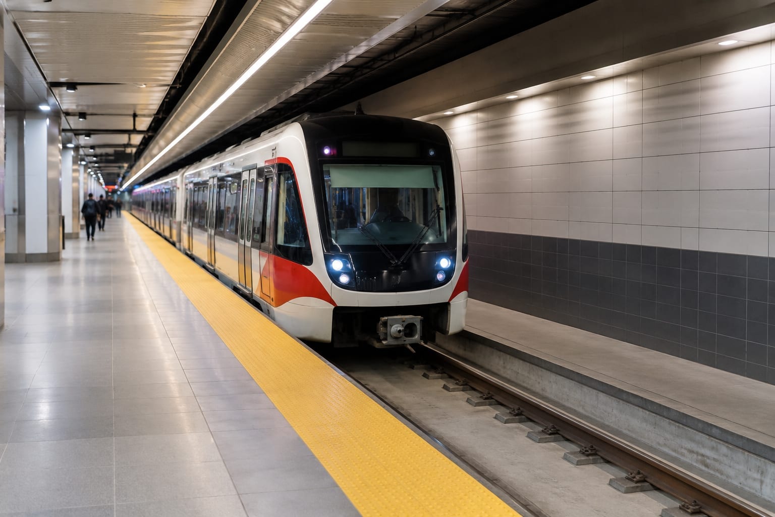 Underground light rail platform with a train arriving in Ottawa
