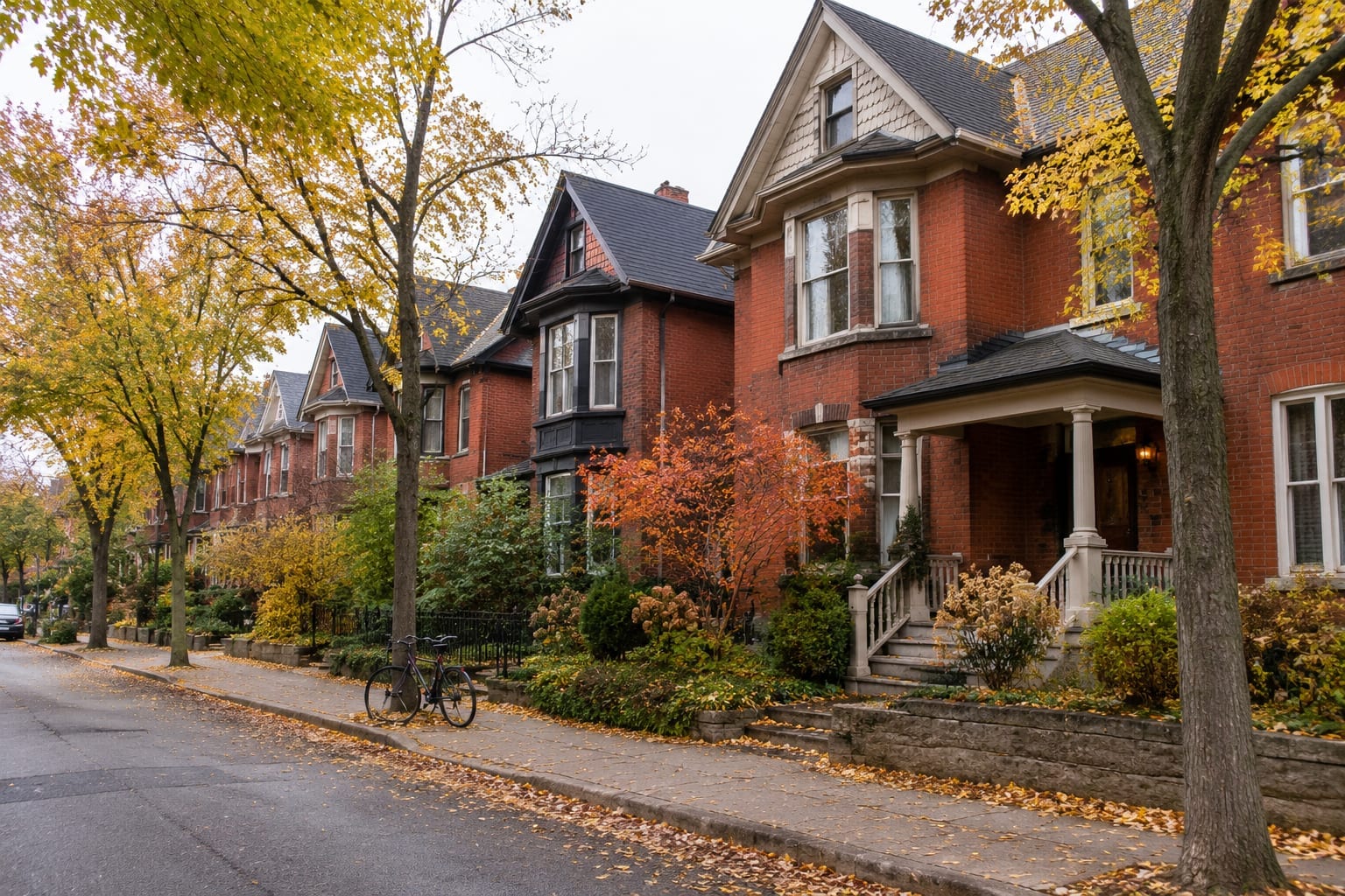 Brick Victorian houses with gabled bays on a quiet Centretown street in autumn