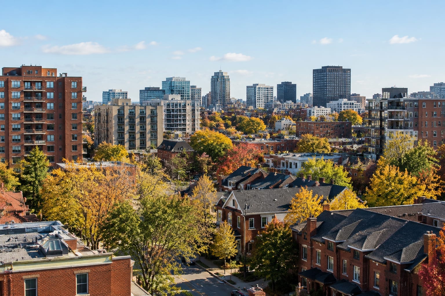 Low-rise Centretown streets with downtown towers beyond on an autumn afternoon