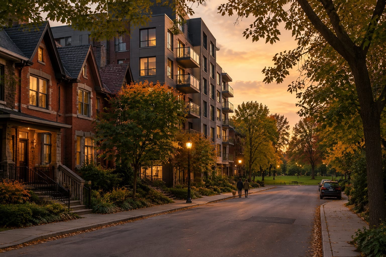 Residents walking along a tree-lined street of apartment buildings and heritage homes at dusk