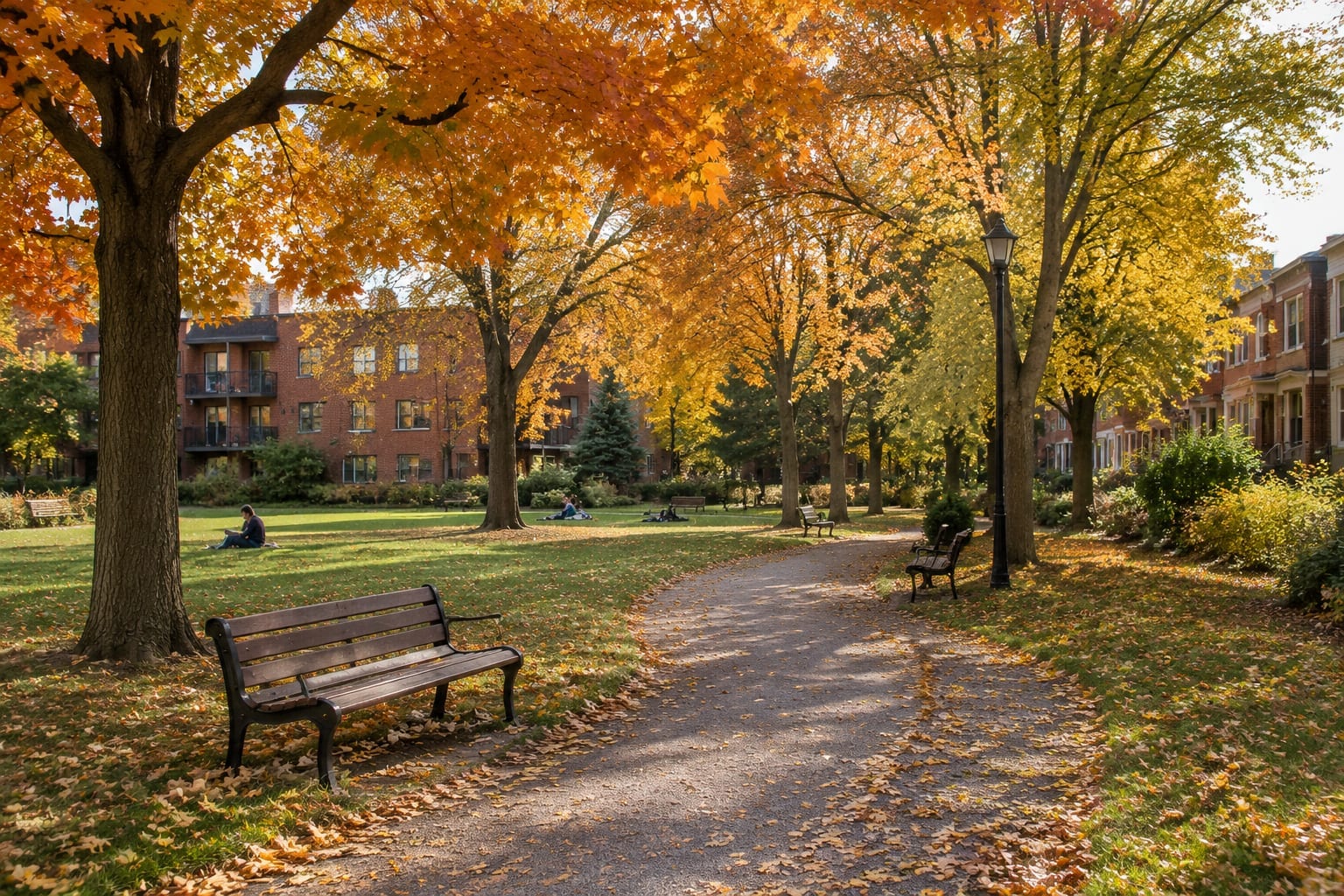 Small downtown park with autumn maples, benches and brick row houses in Centretown, Ottawa