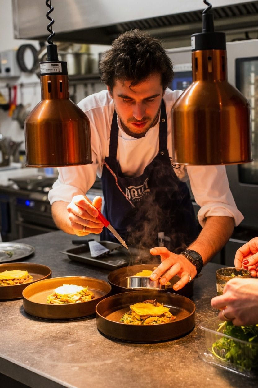 Chef preparing dish in professional kitchen