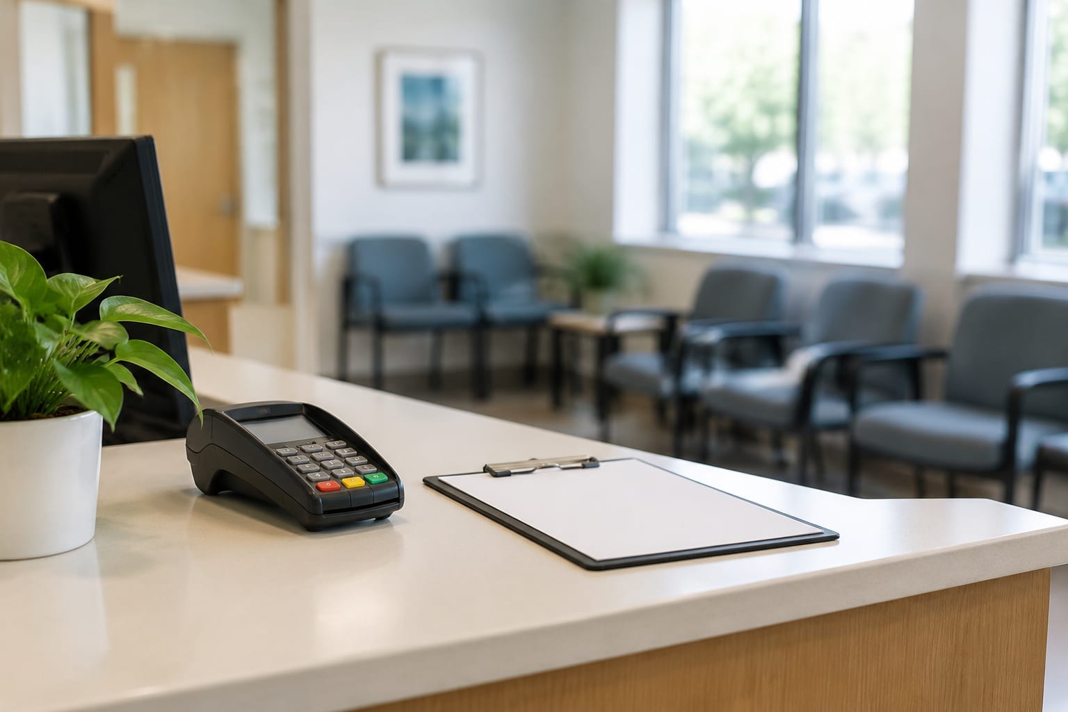 A clinic front desk with a card payment terminal, a blank clipboard and a small plant