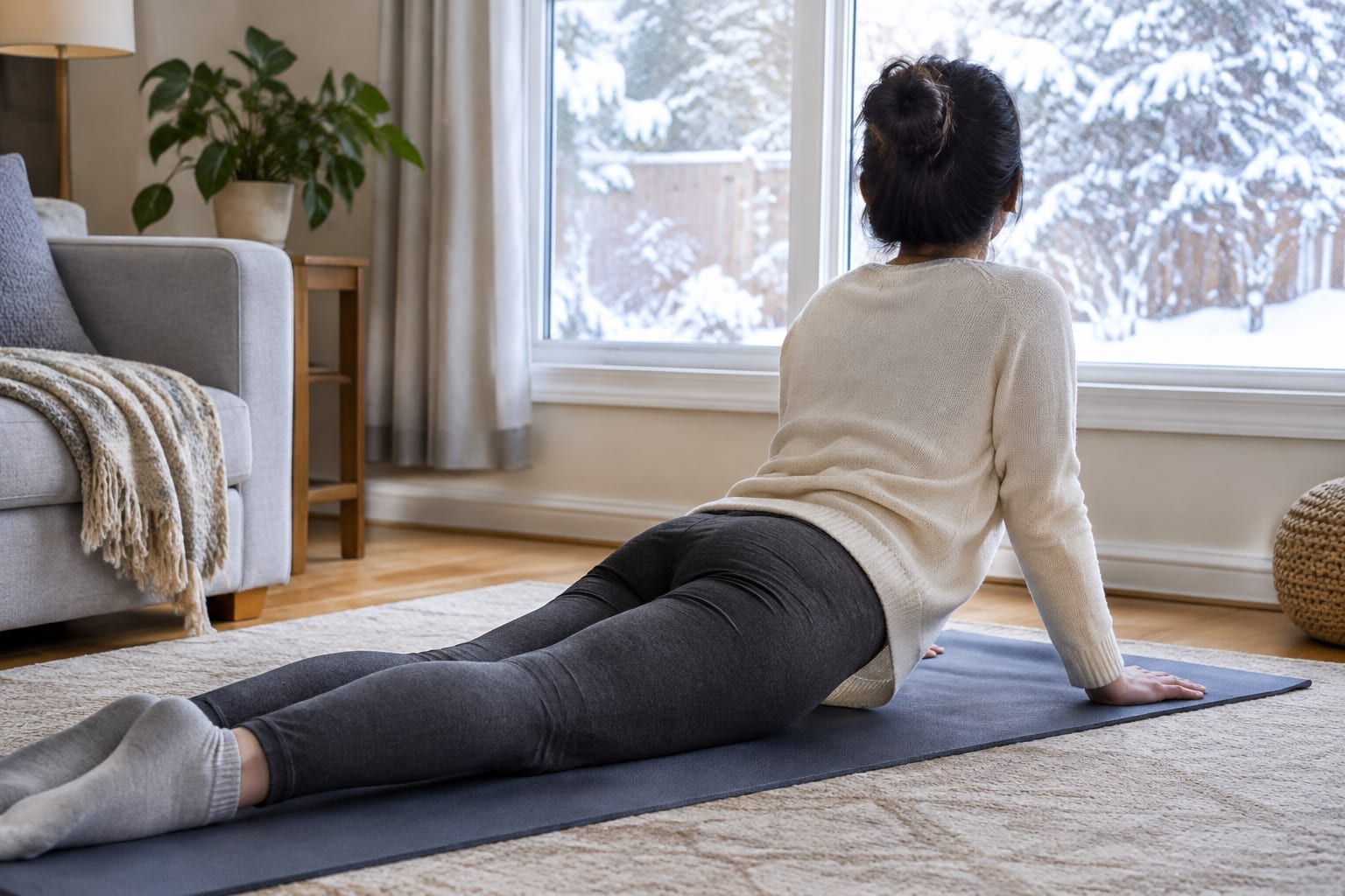 A person stretching their lower back on a mat in a bright living room with a window