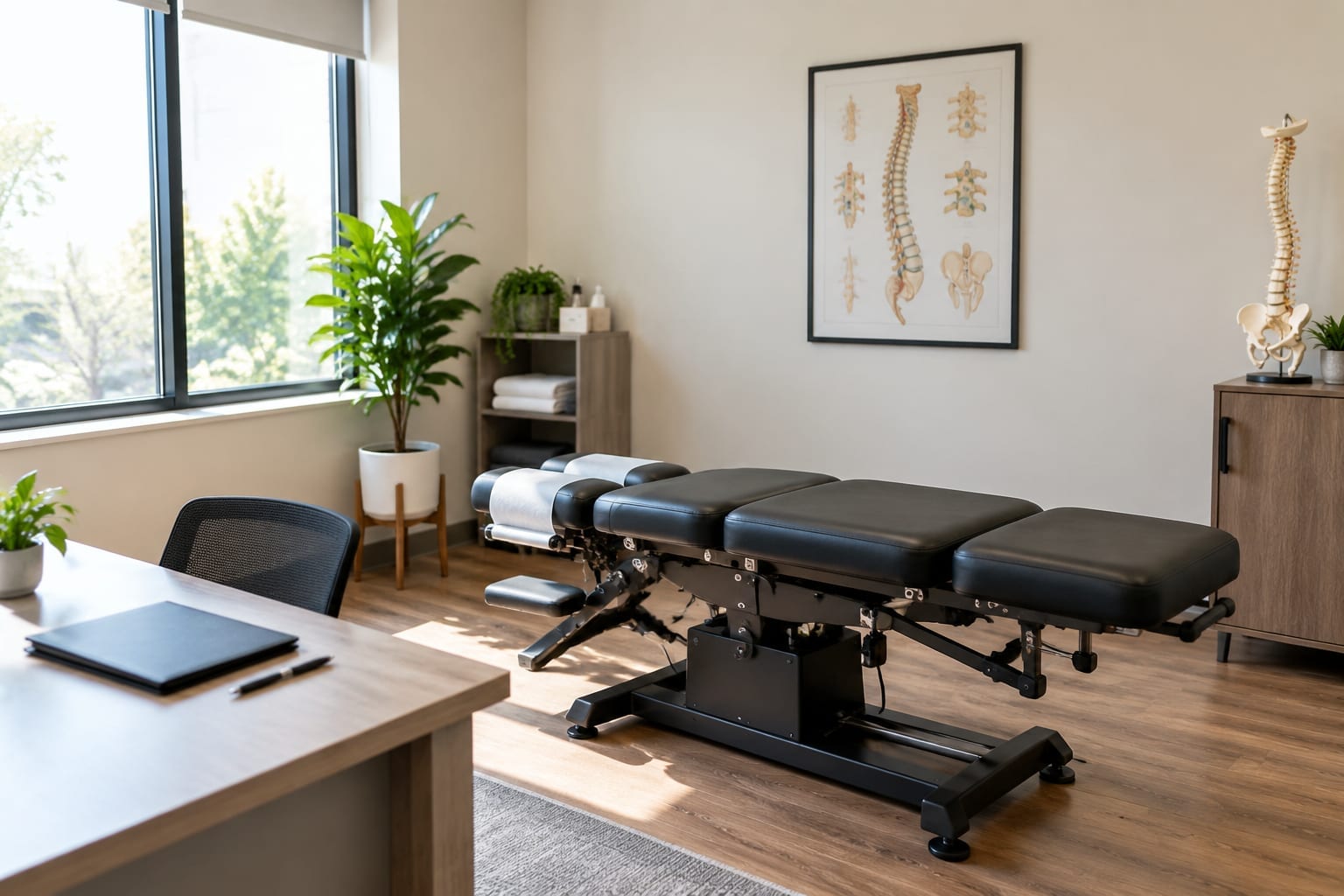 A bright, empty chiropractic treatment room with a height-adjustable table and a wall chart of the spine
