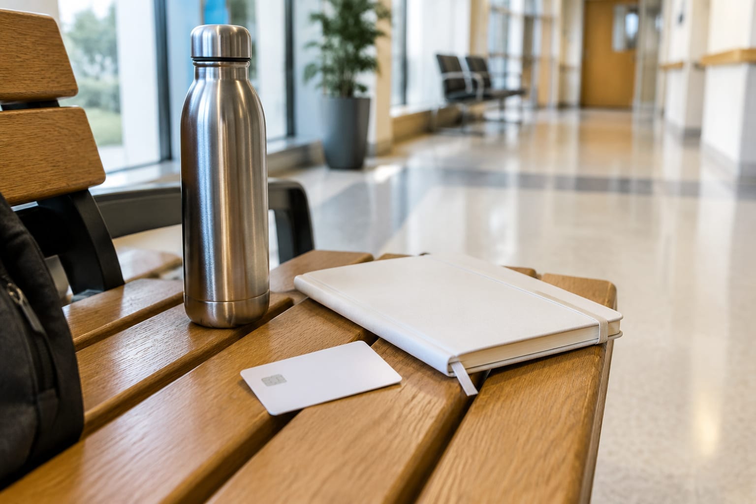 A neutral clinic hallway with a health card, a notebook and a water bottle on a bench