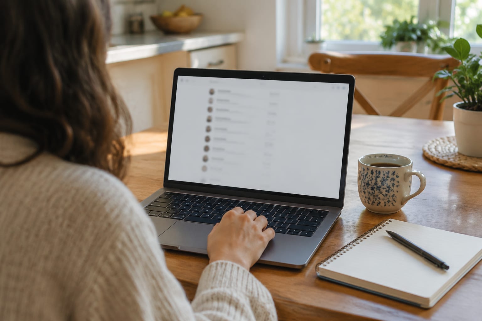 A person at a laptop on a kitchen table searching a plain list, with a notebook and a mug beside it