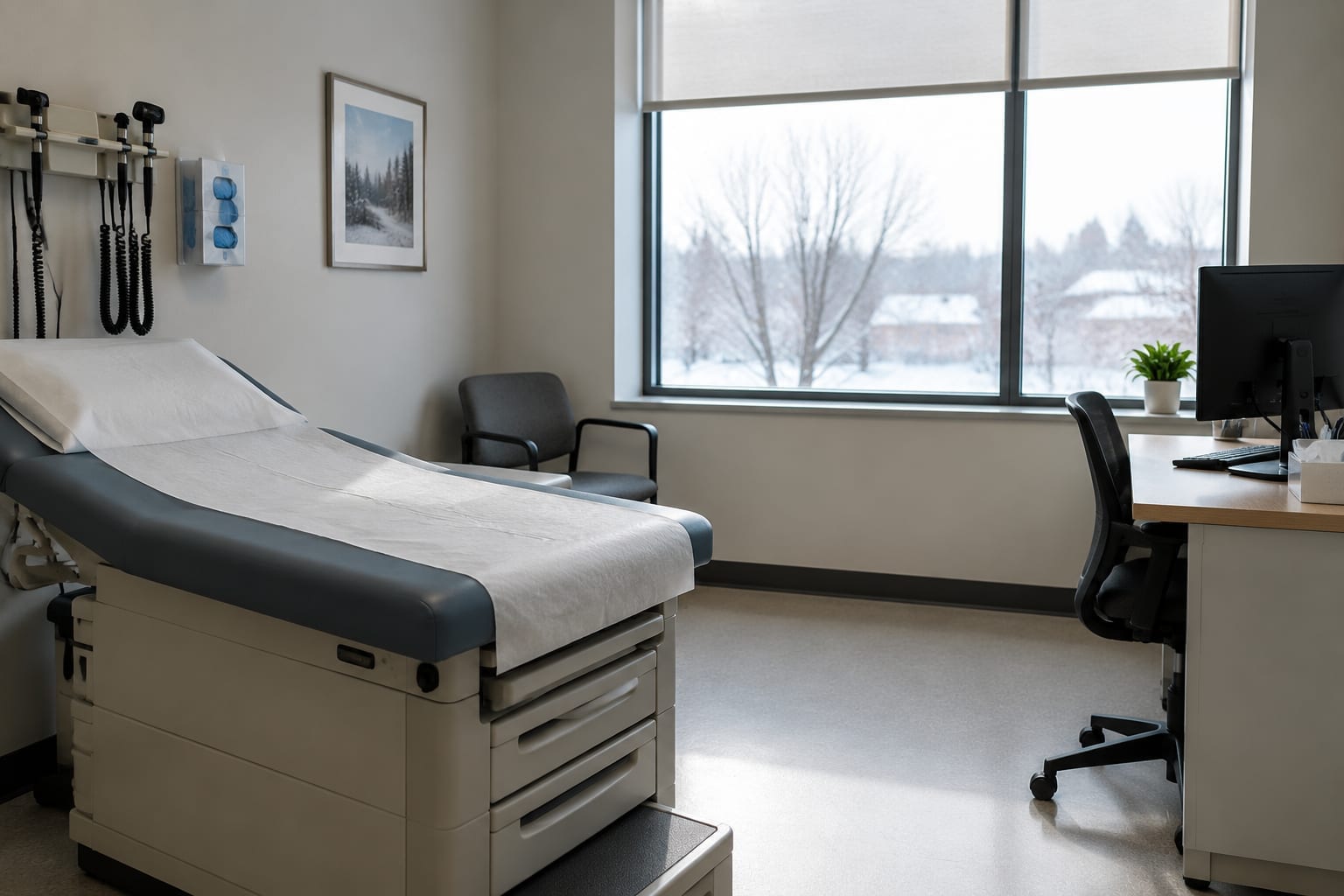 A doctor's office with an examination table, a desk and a window with winter light