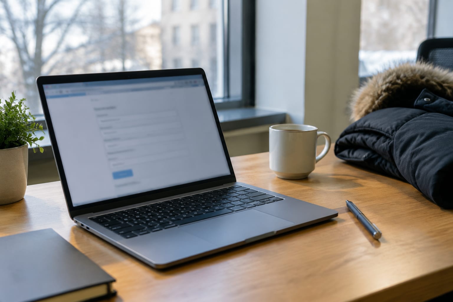 A laptop showing a blurred benefits claim form beside a pen and a folded coat on an office desk