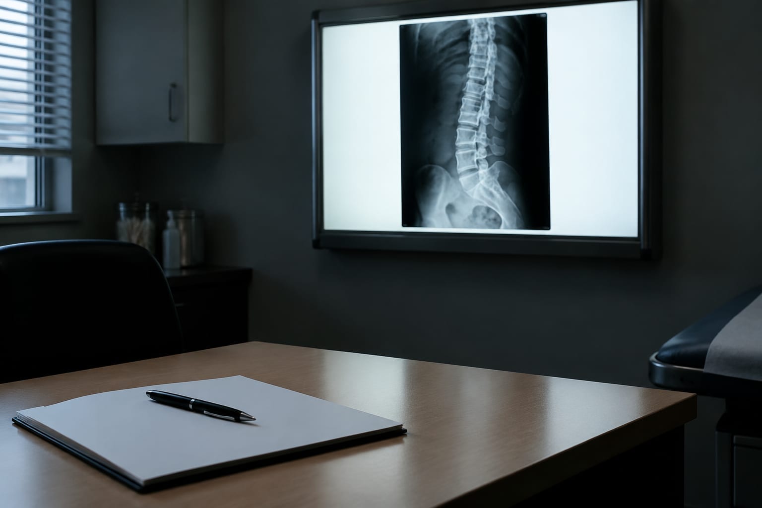 A chiropractor's hands pointing to a lumbar spine X-ray on a lightbox, no readable text