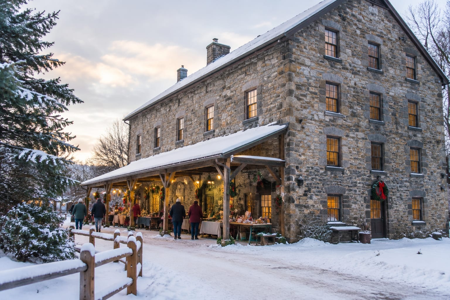Families walking past a lit stone mill and craft stalls in a small village on a snowy afternoon