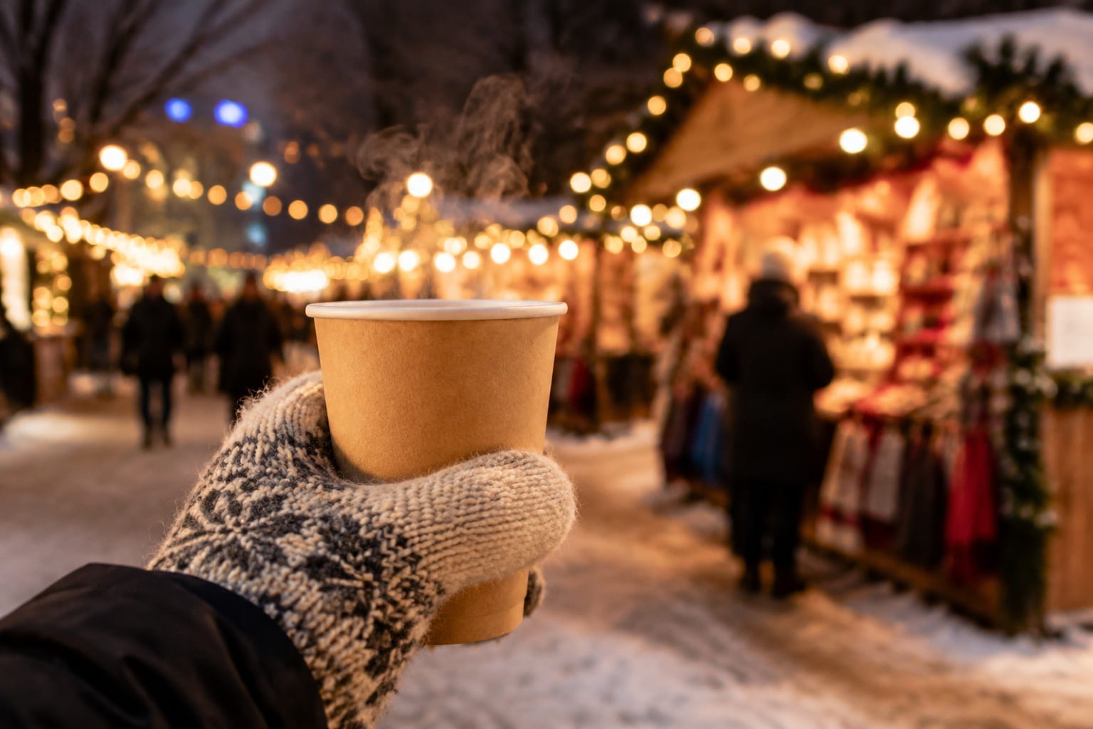 A gloved hand holding a steaming paper cup in front of blurred market lights at night