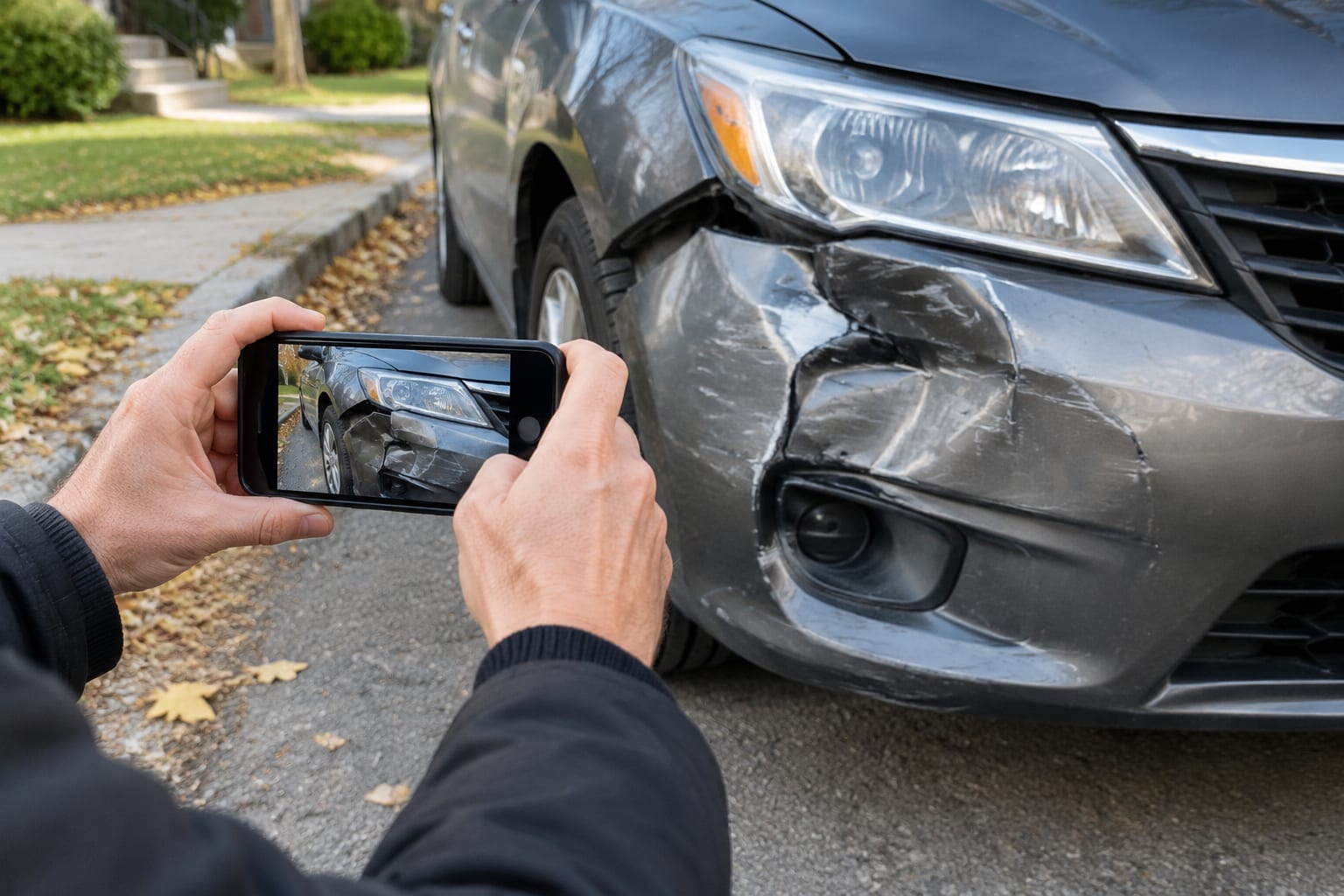 A driver photographing the front bumper damage of a parked car with a smartphone on an Ottawa street