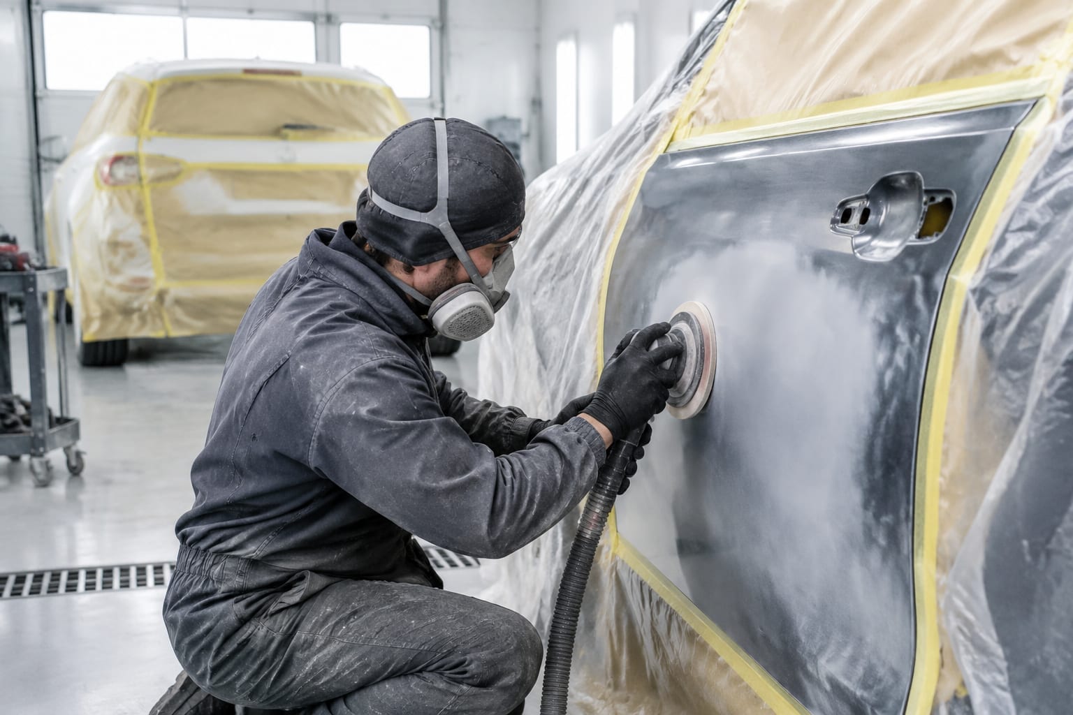 A technician sanding a repaired car door panel inside a bright collision repair bay in Ottawa