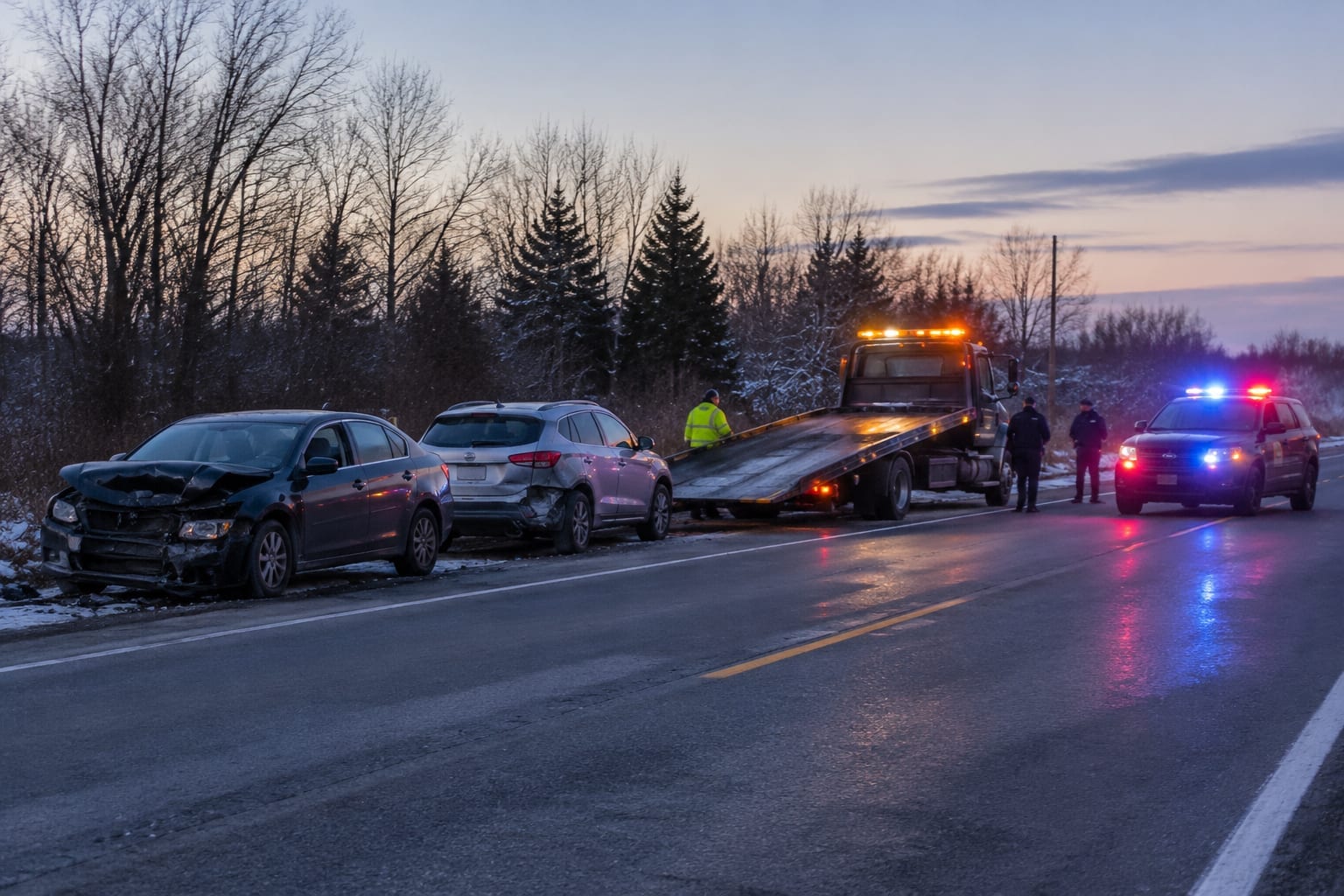 A police cruiser and a tow truck at the side of an Ottawa road after a two-car collision