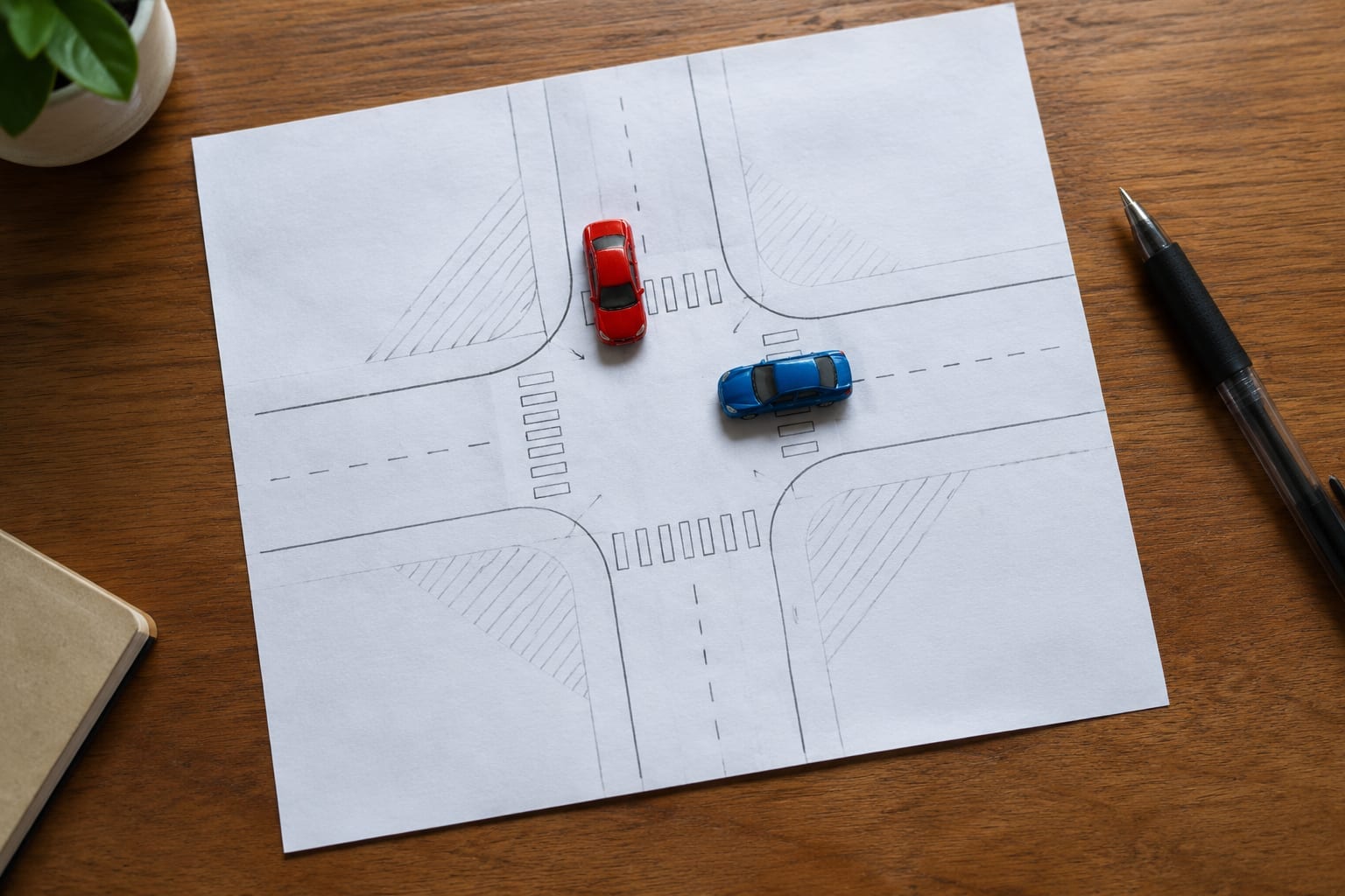Two toy cars on a street diagram drawn on paper beside a pen, illustrating a collision scenario