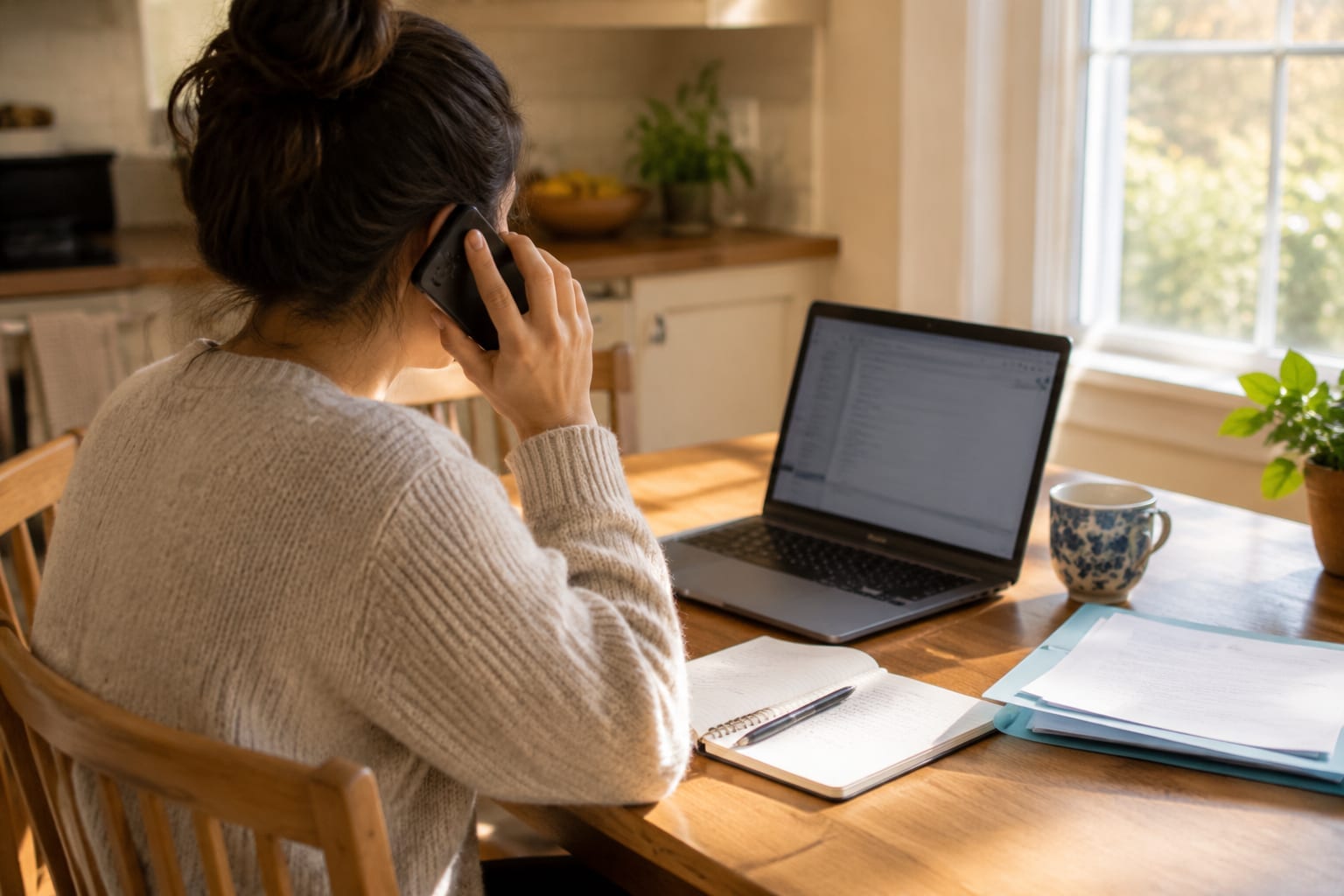 A person on the phone at a kitchen table with a notebook, a folder of documents and a laptop