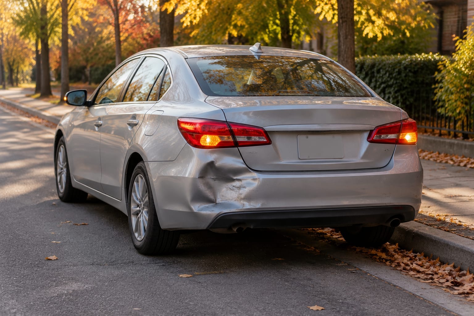 A damaged silver car pulled over safely on a wide Ottawa street with hazard lights on, in autumn light