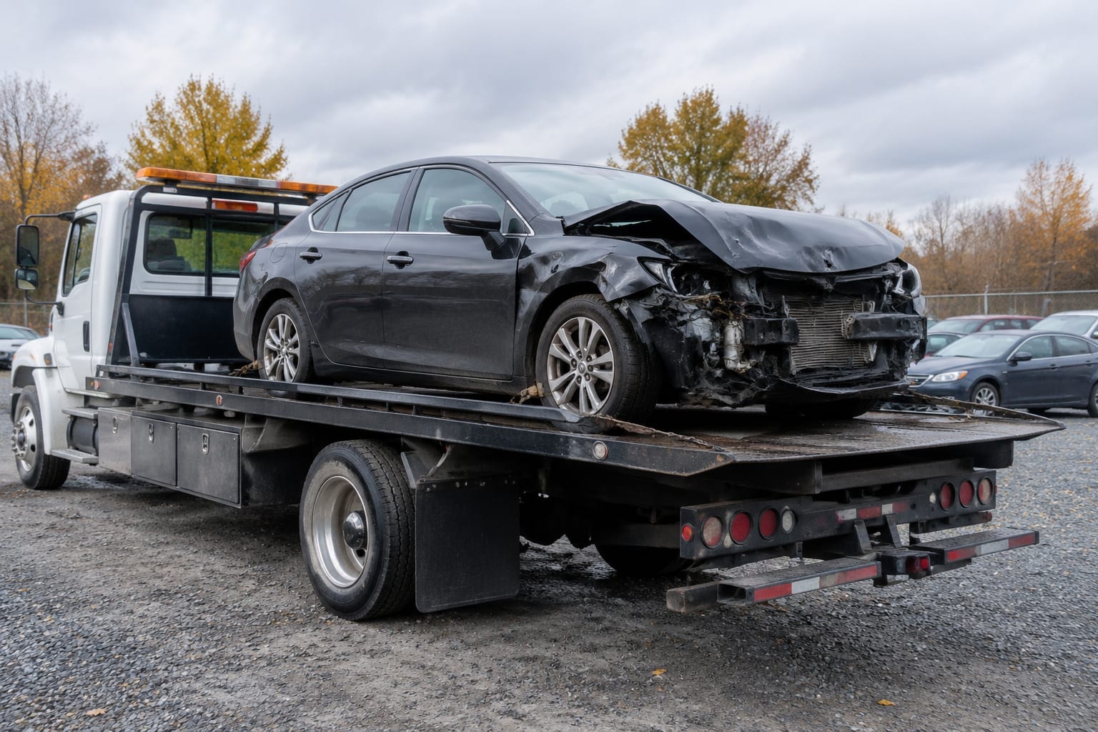 A heavily damaged sedan on a flatbed truck parked at the edge of an Ottawa salvage-style yard