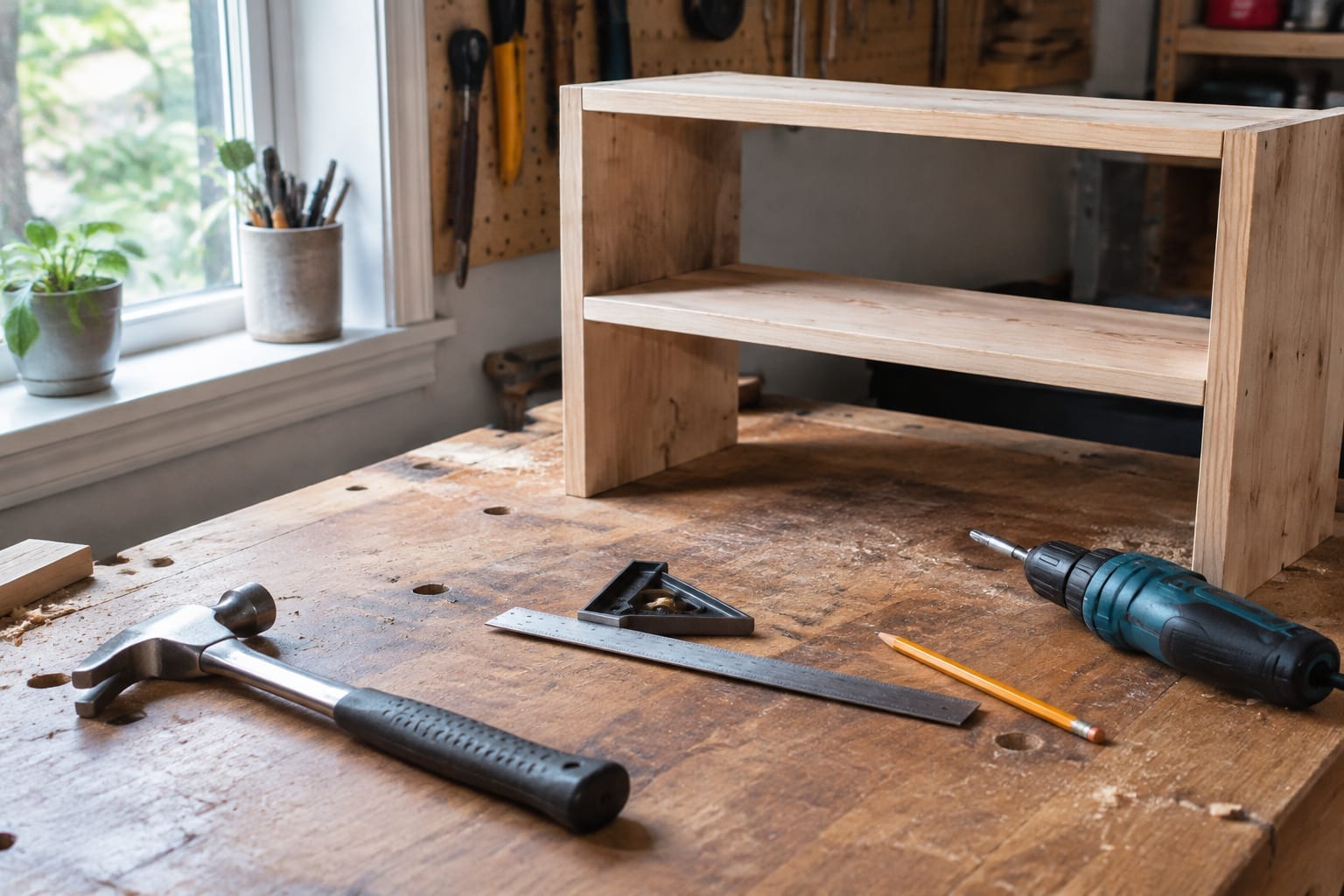 A workbench in an Ottawa garage with borrowed hand tools, a drill and a half-finished wooden shelf
