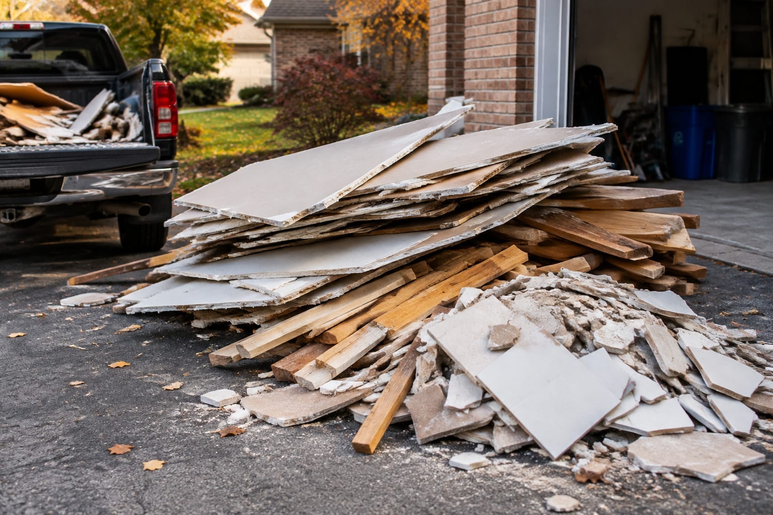 A pile of removed drywall, lumber offcuts and old tile in a driveway beside a garage in an Ottawa suburb