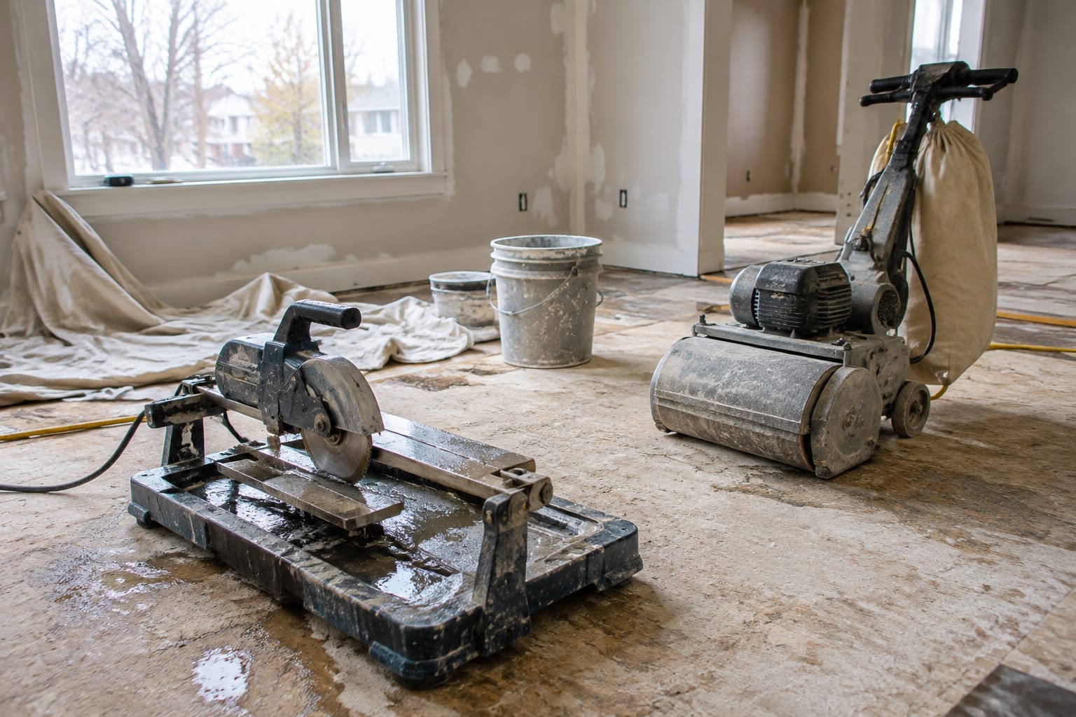 A tile cutter and a floor sander sitting on a bare floor in a room being renovated