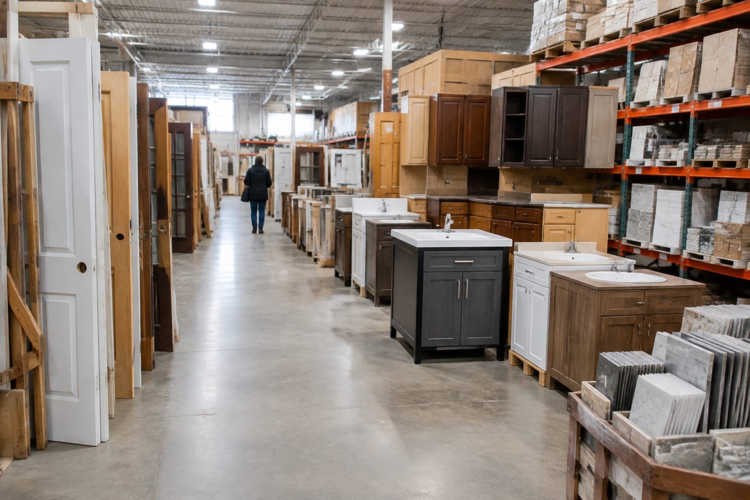 Used interior doors and kitchen cabinets stacked in a large secondhand building materials store