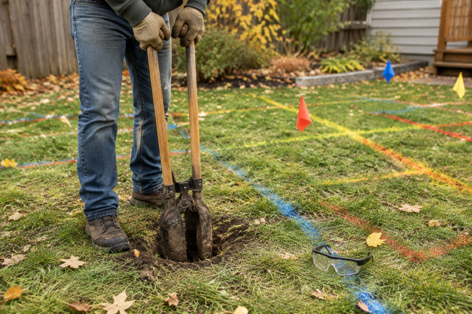 A homeowner's gloved hands marking a utility locate area on a lawn with a stake before digging a fence post hole