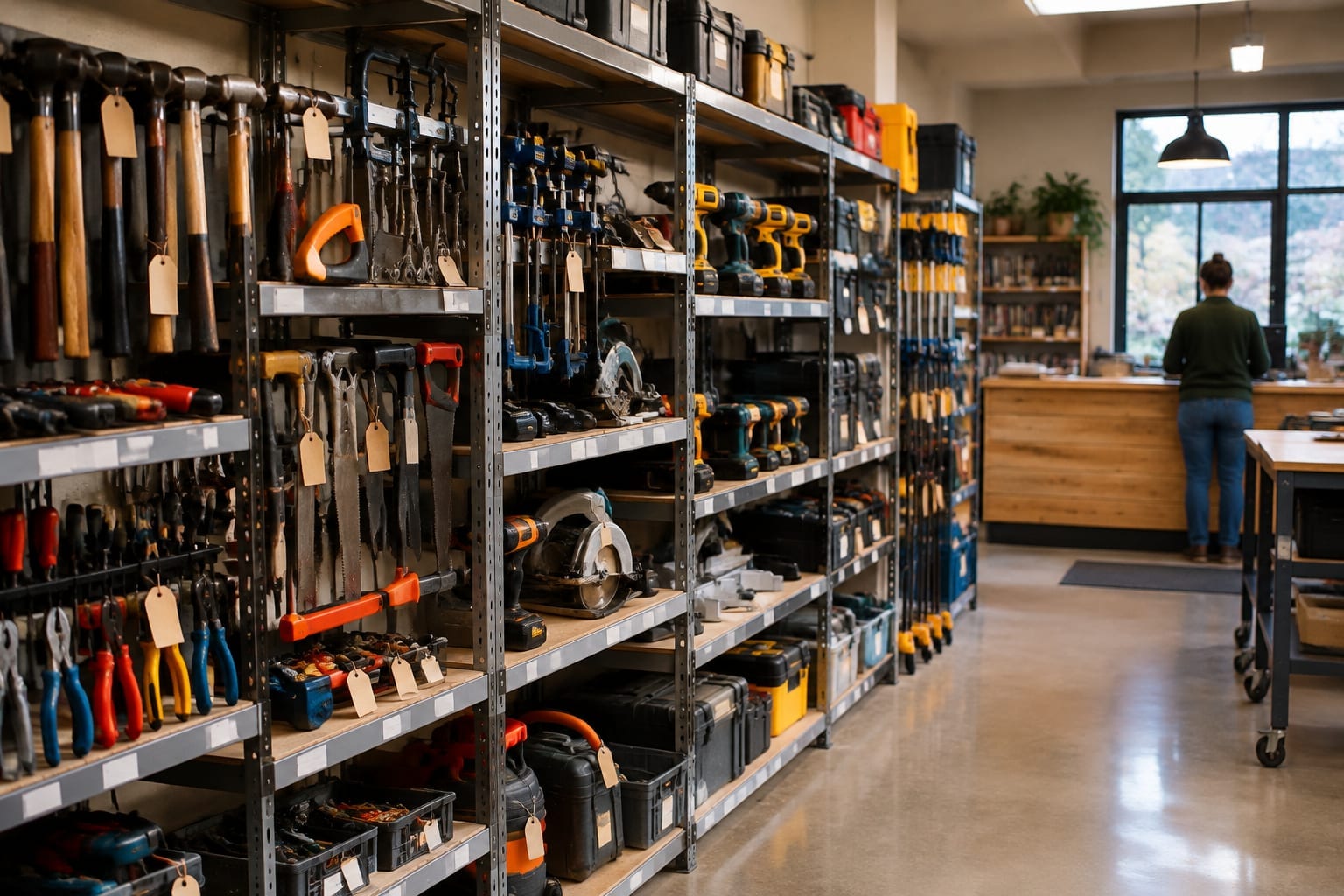Shelves of hand tools and power drills in a community tool library workshop