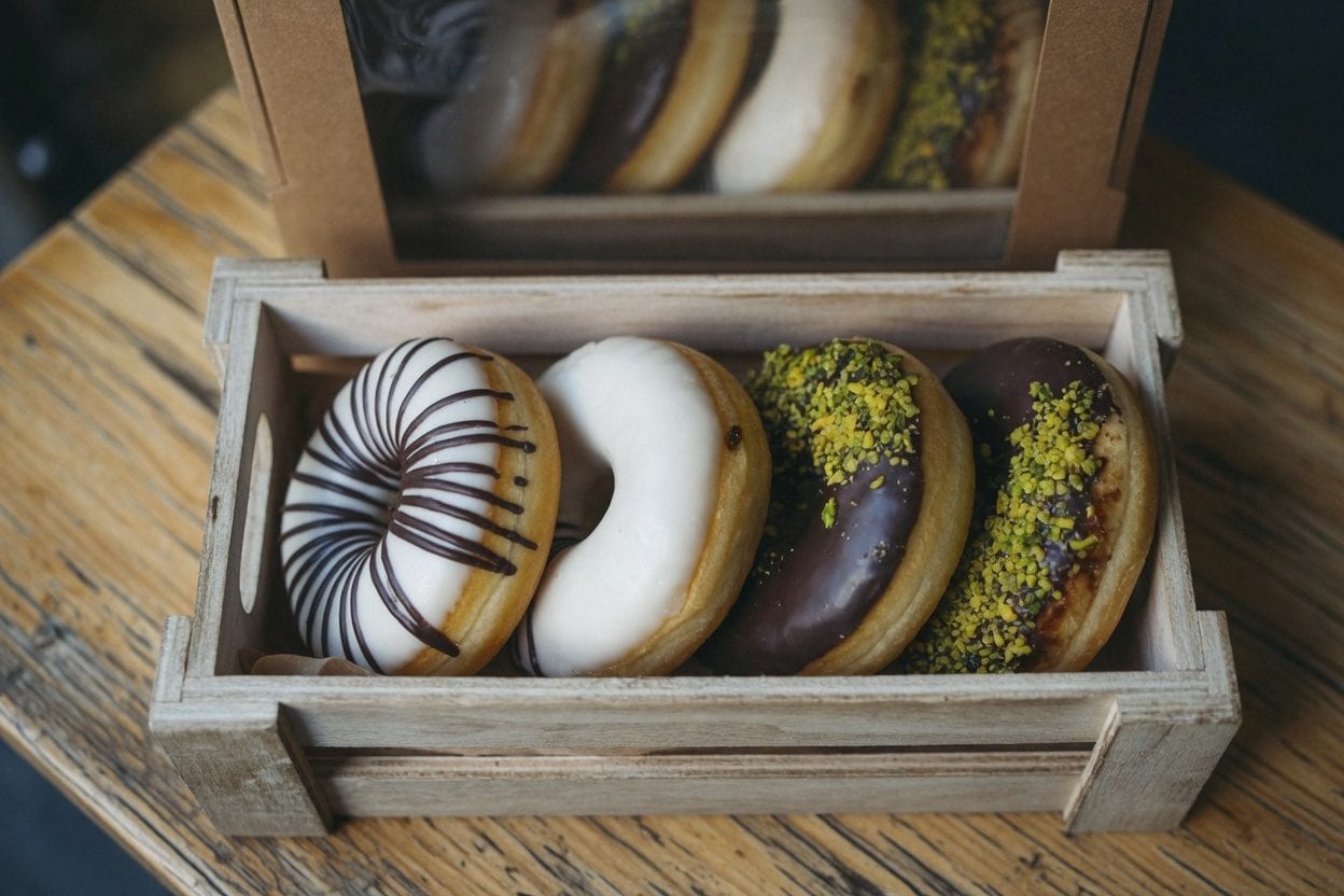 Assorted donuts in boxes