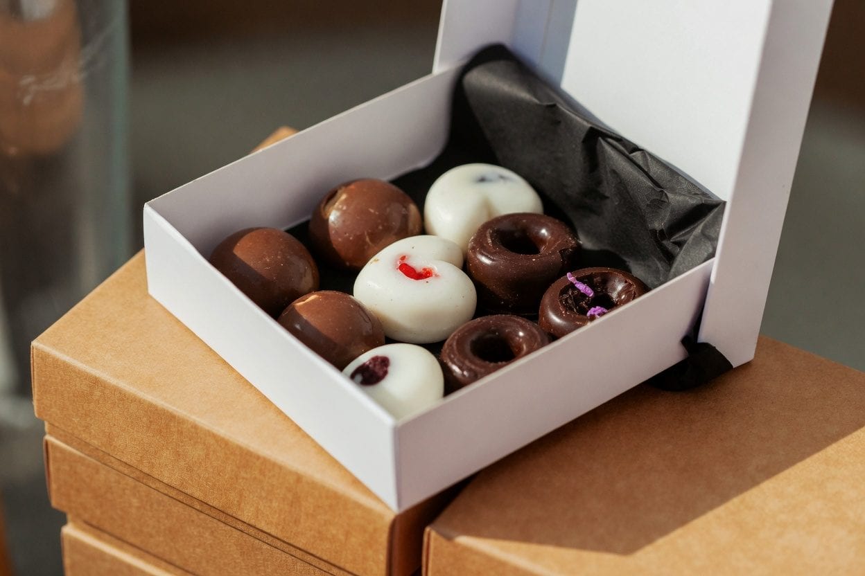 Colourful donuts in a display case