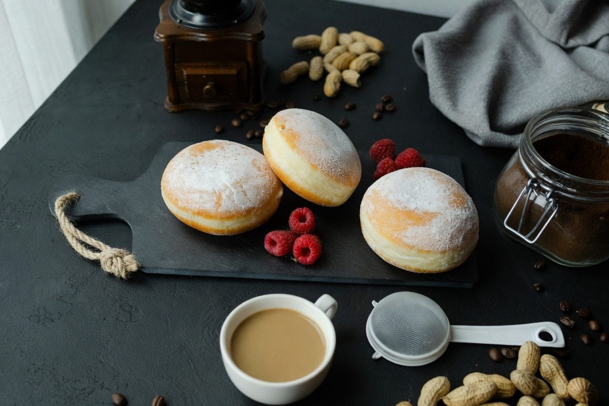 Coffee and donut on a tray