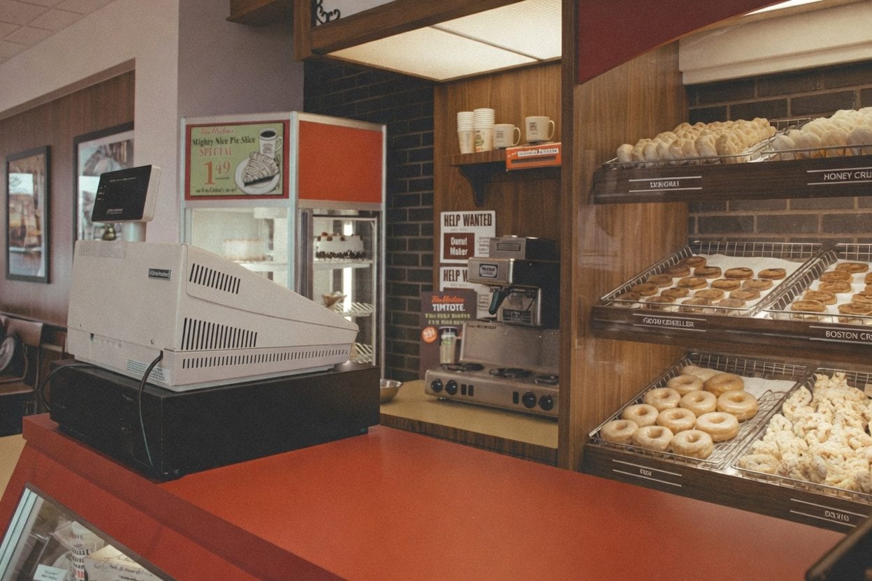 Donuts on a pastel counter