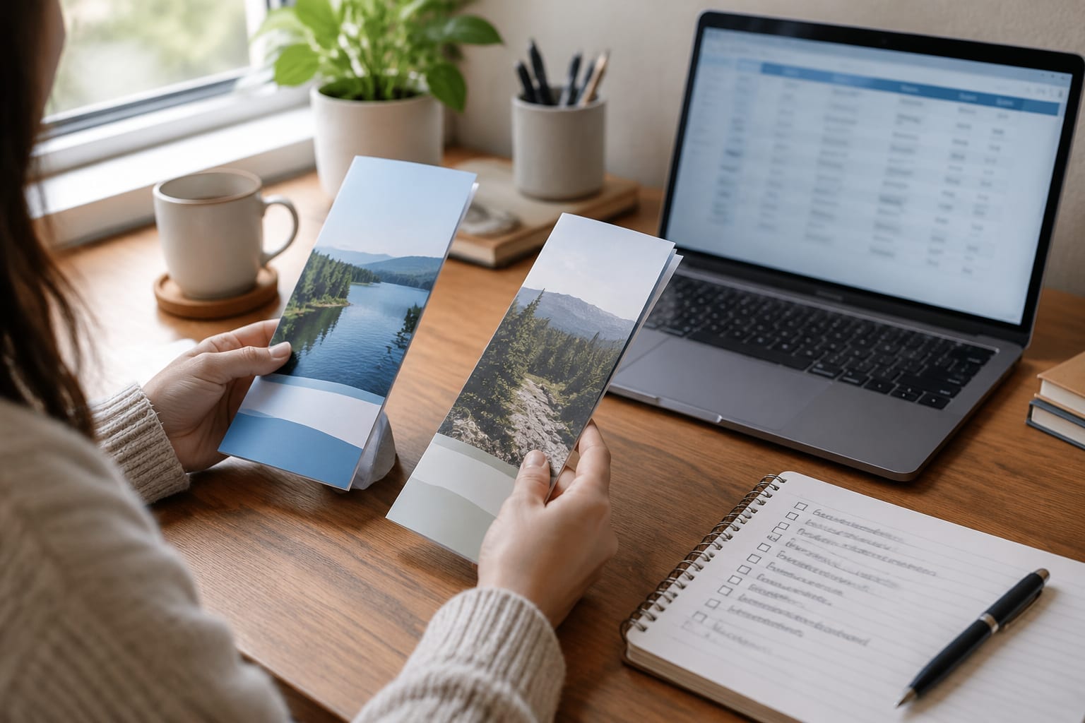 A person comparing two course brochures and a notebook at a desk beside a laptop showing a list of schools