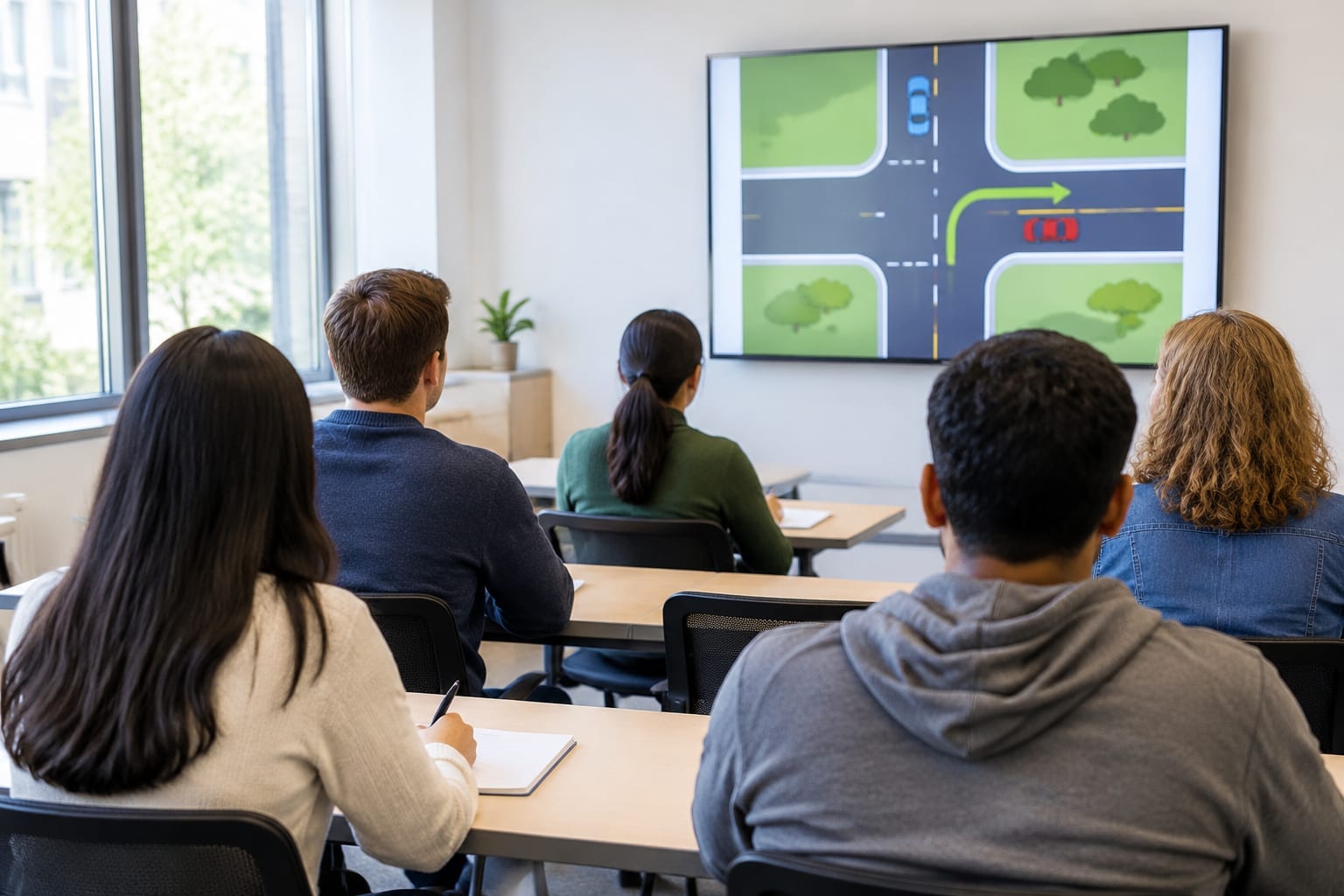 A small classroom of adult learners watching a road-safety presentation on a wall screen in an Ottawa training room