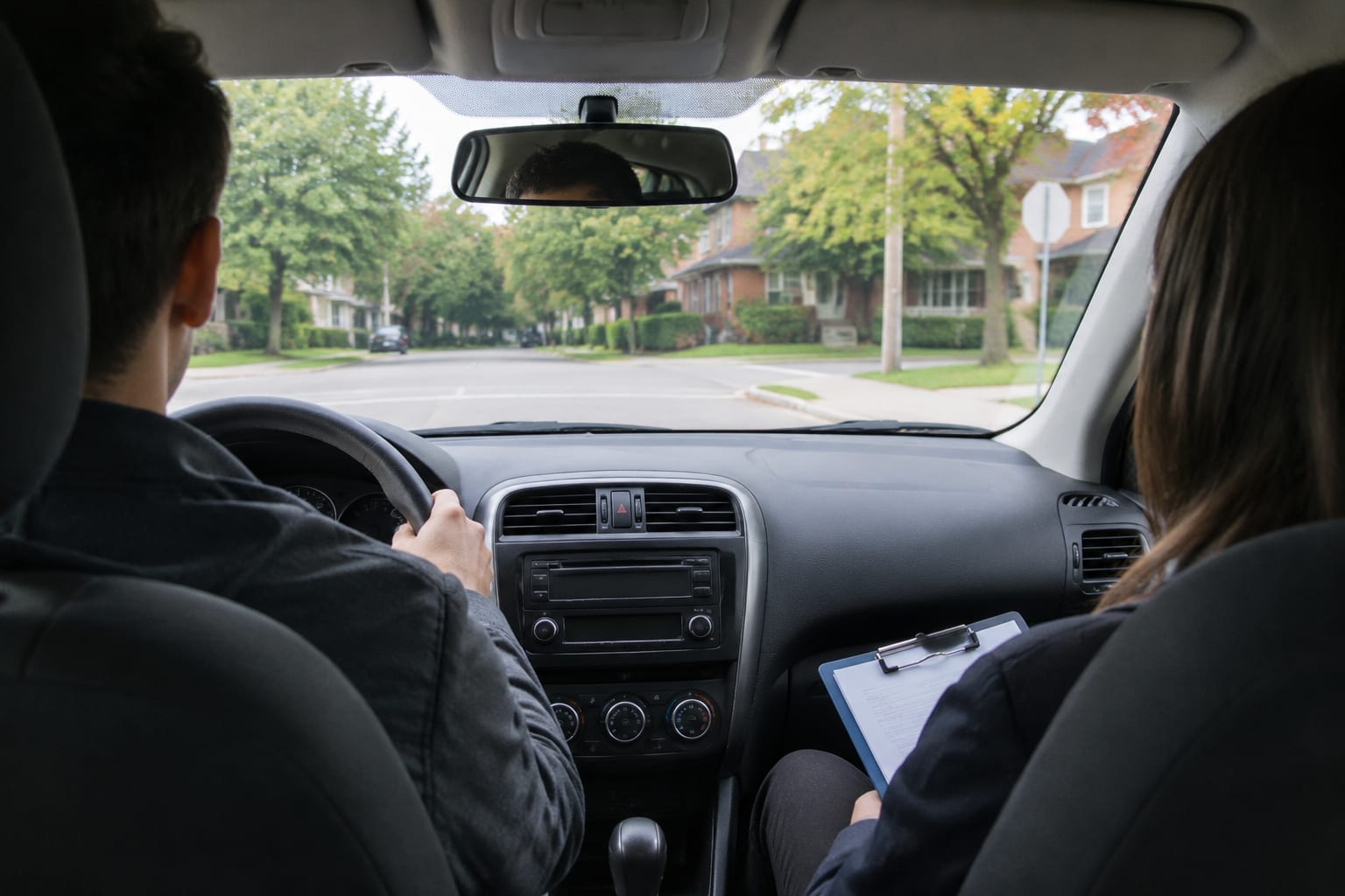 A road-test examiner seated beside a driver in a small car, viewed through the windshield at a residential intersection