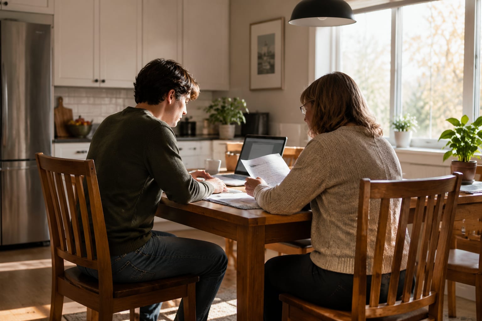 A young driver at a kitchen table reviewing an auto insurance quote with a parent and a laptop