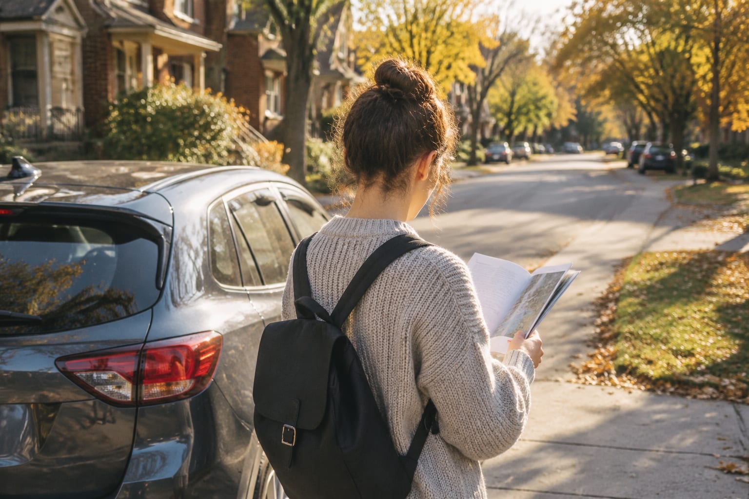 A learner driver holding a paper driver's handbook beside a parked car on a quiet Ottawa residential street