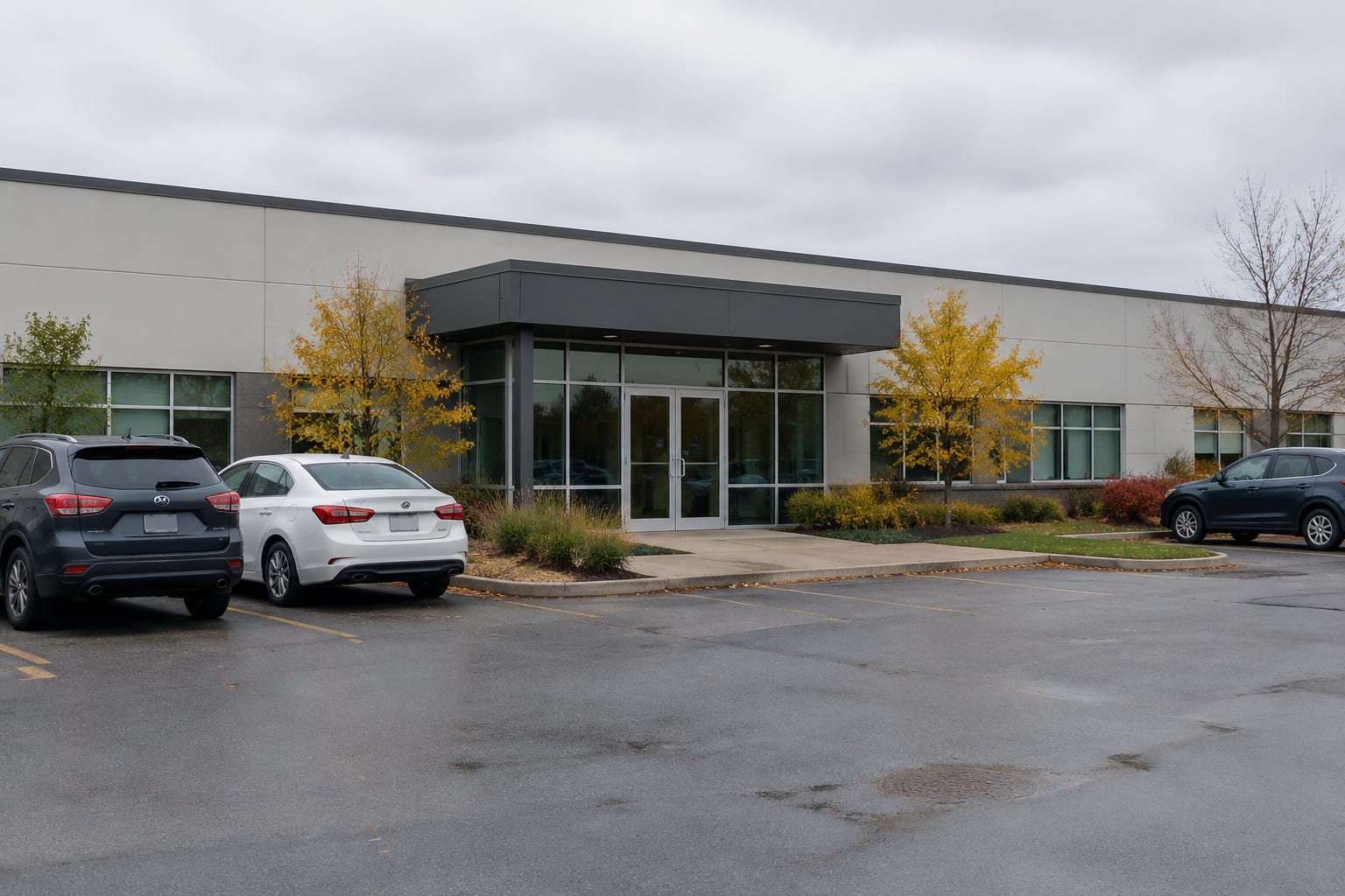 The entrance to a low commercial building with a driver licensing office sign and a few cars parked outside, Ottawa