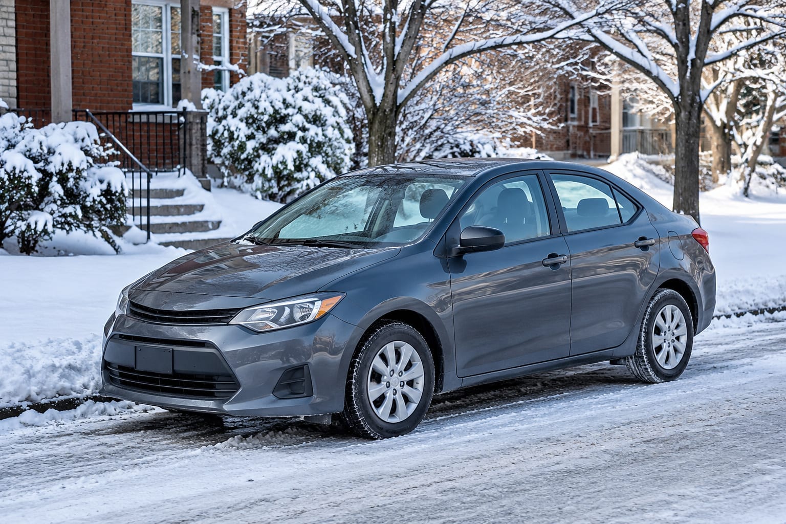 A driving instructor's car with clear windows parked on a snowy Ottawa street with a fresh dusting of snow