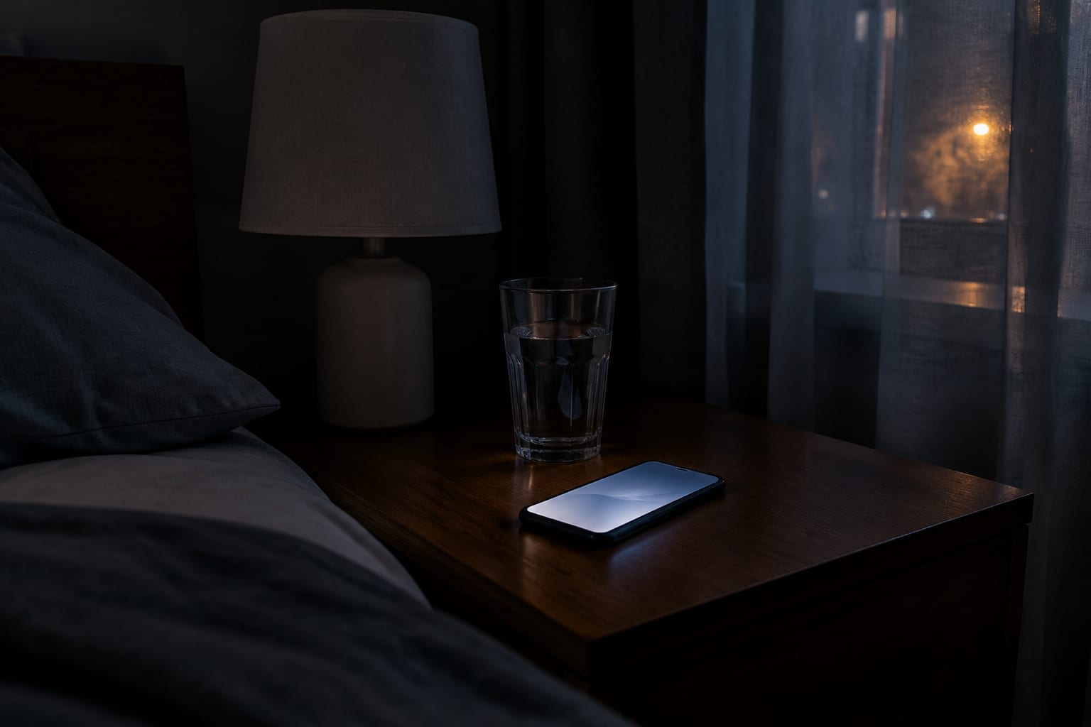 A phone resting on a bedside table in a dark bedroom, its screen glowing