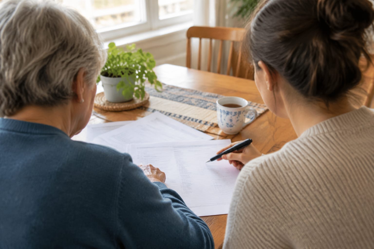 An older adult and a younger adult reviewing dental paperwork at a table