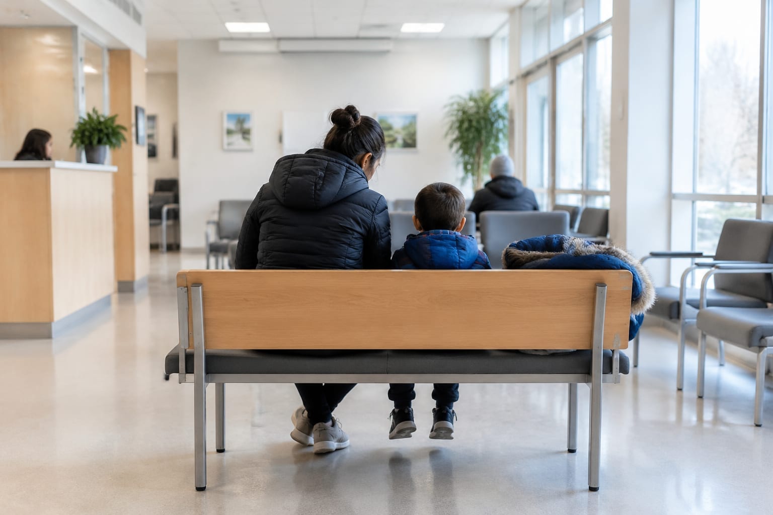 A parent and a child sitting together in a bright waiting area