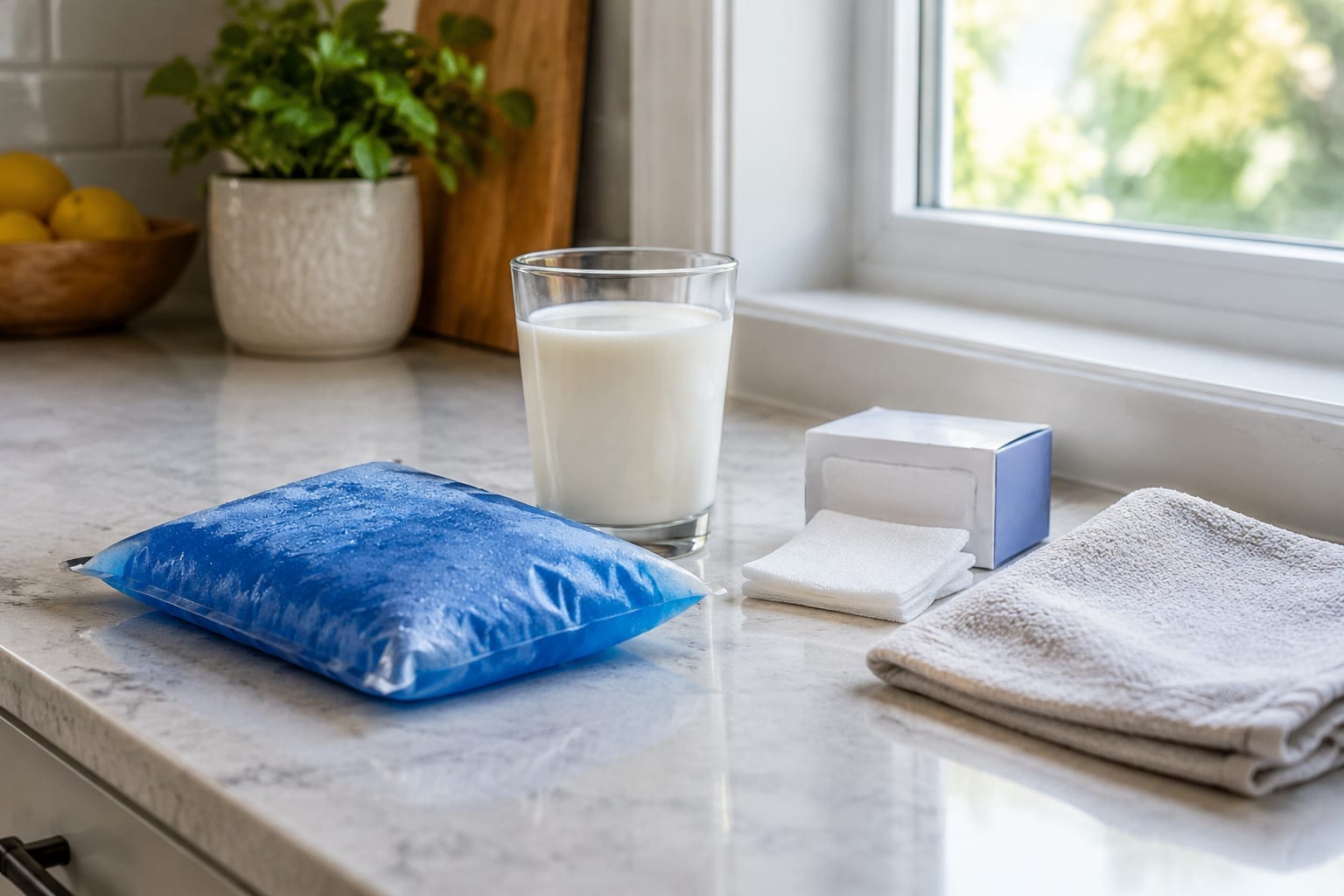 A cold compress and a glass of milk on a counter beside a window