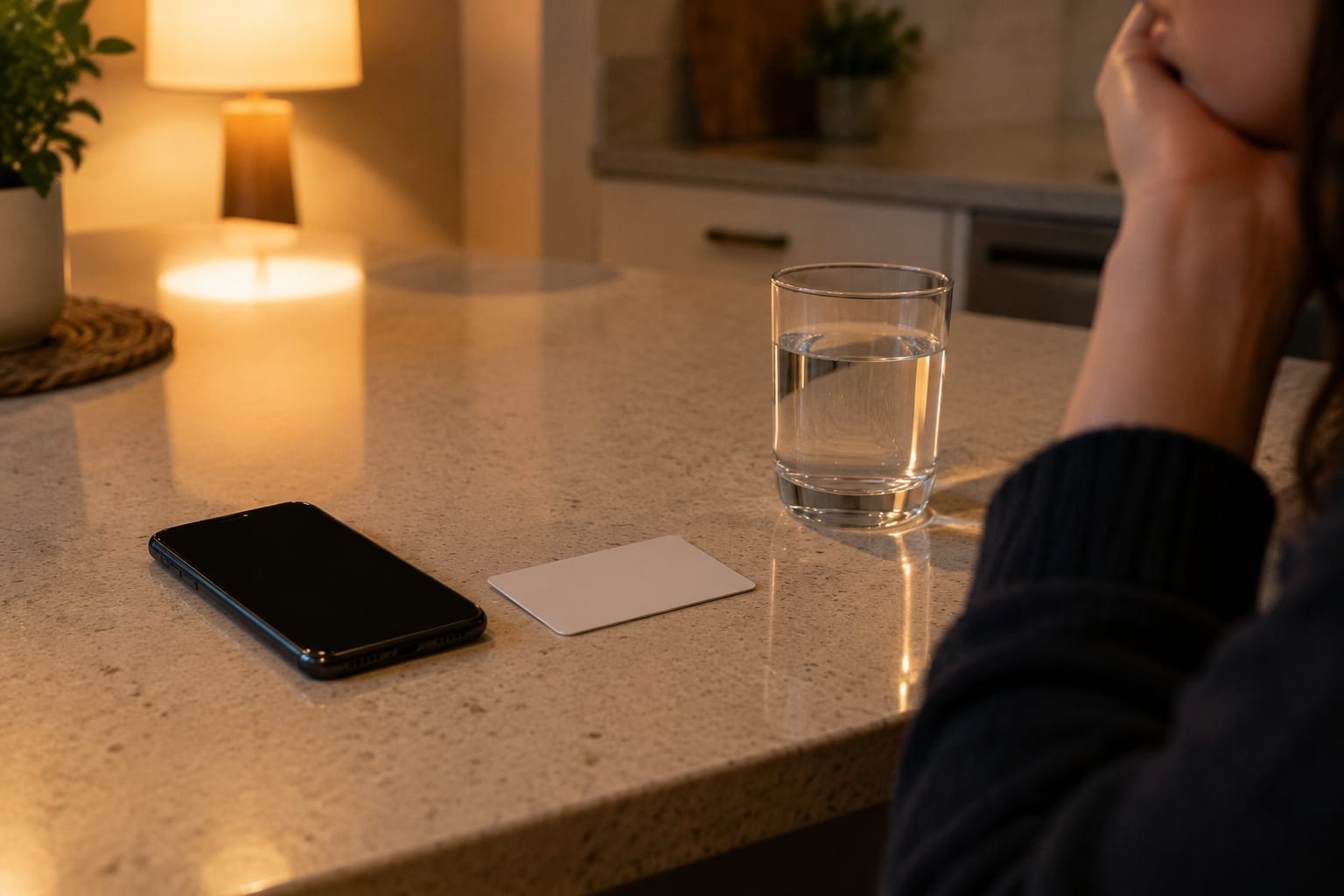 A phone, a dental insurance card and a glass of water on a kitchen counter in the evening