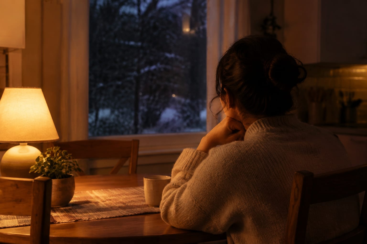 A person at a kitchen table at night holding a hand against their jaw in discomfort