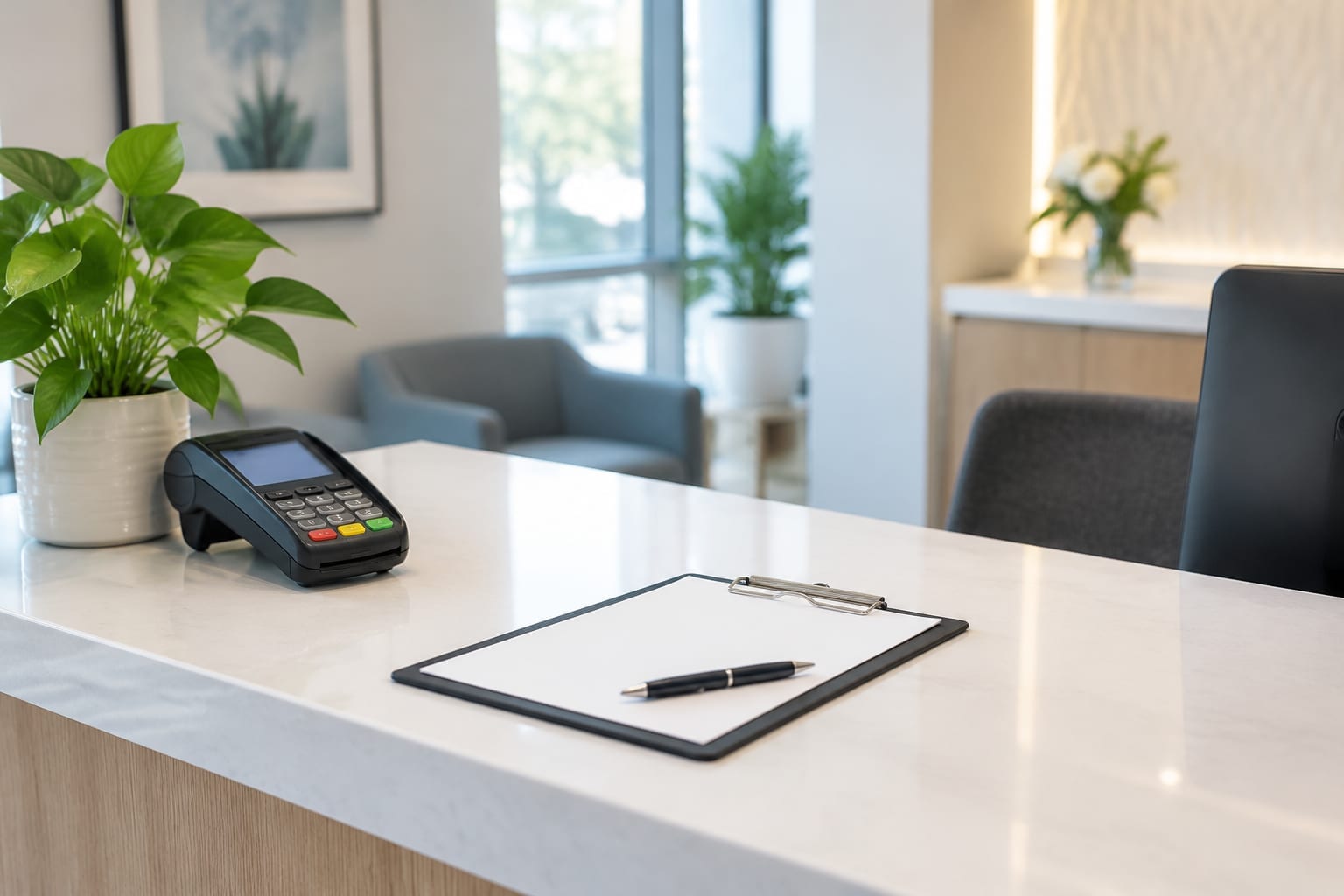 A dental reception desk with a card payment terminal and a clipboard