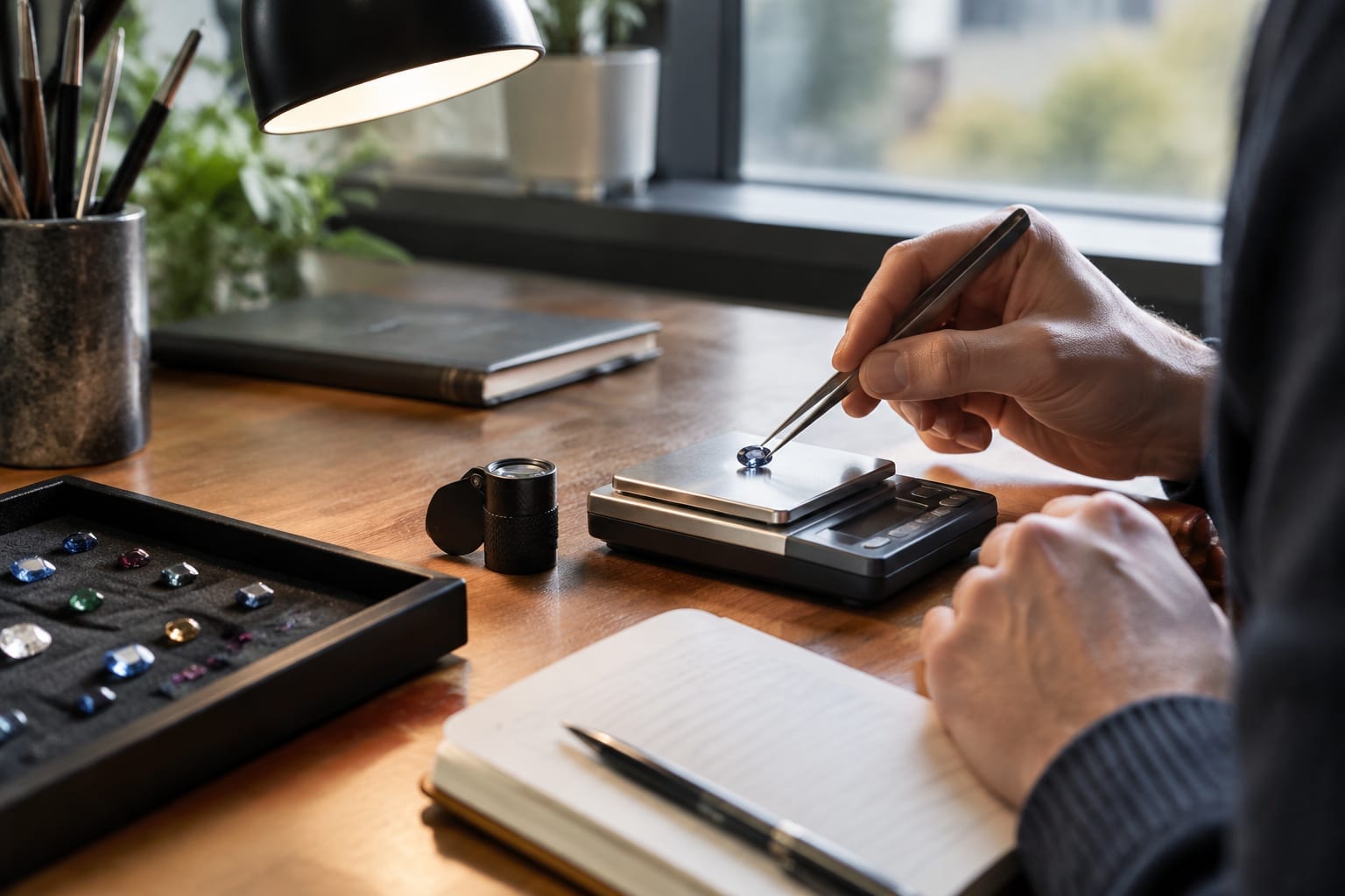 An appraiser at a desk weighing a loose gemstone on a small scale beside a notebook and loupe
