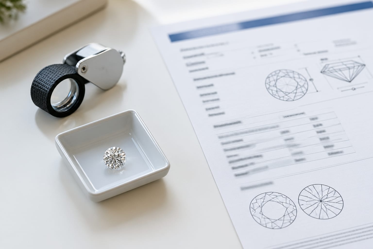 A loose diamond, a jeweller's loupe and a printed laboratory report with no legible text on a white desk