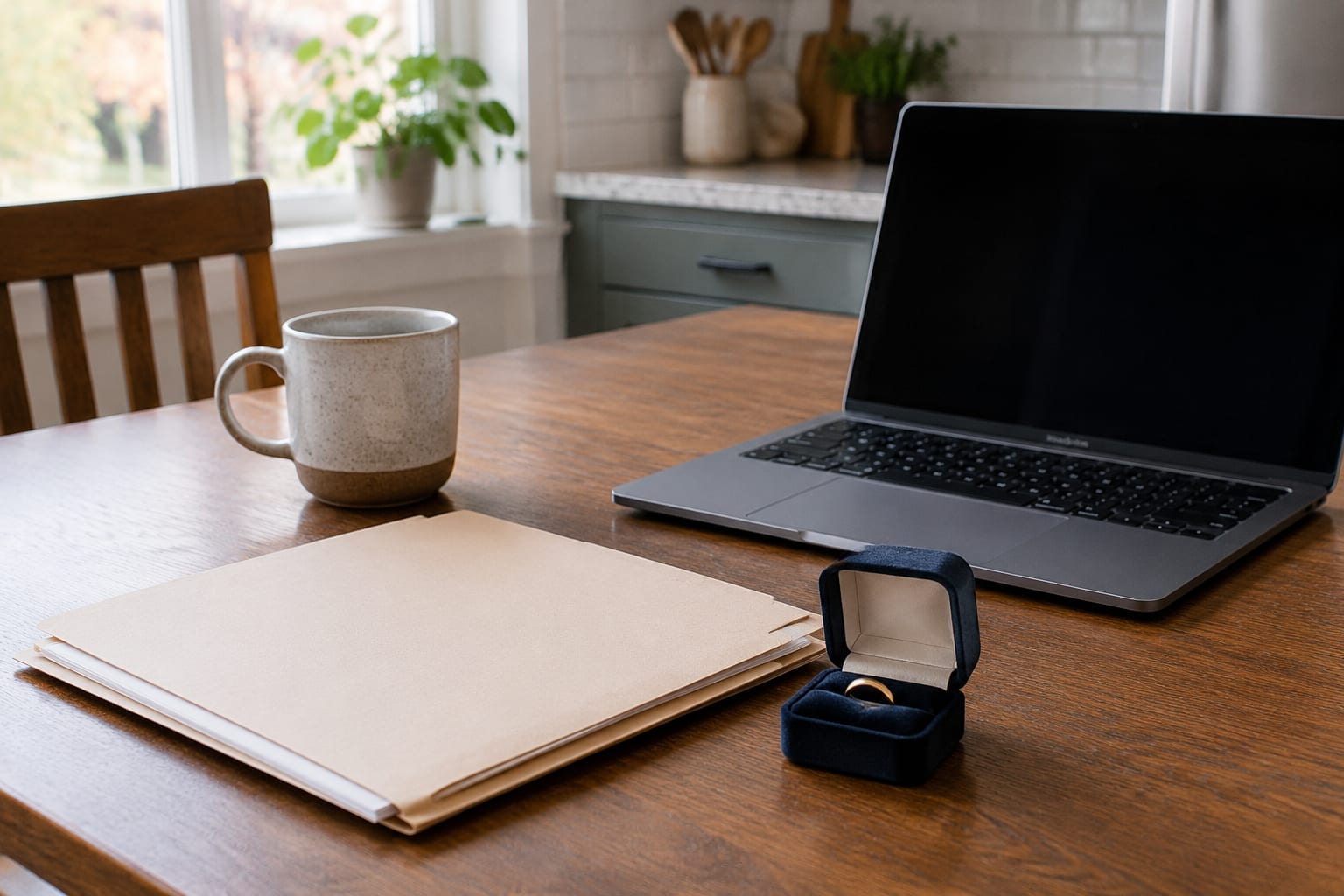 A ring box on a kitchen table beside a folder of papers and an open laptop